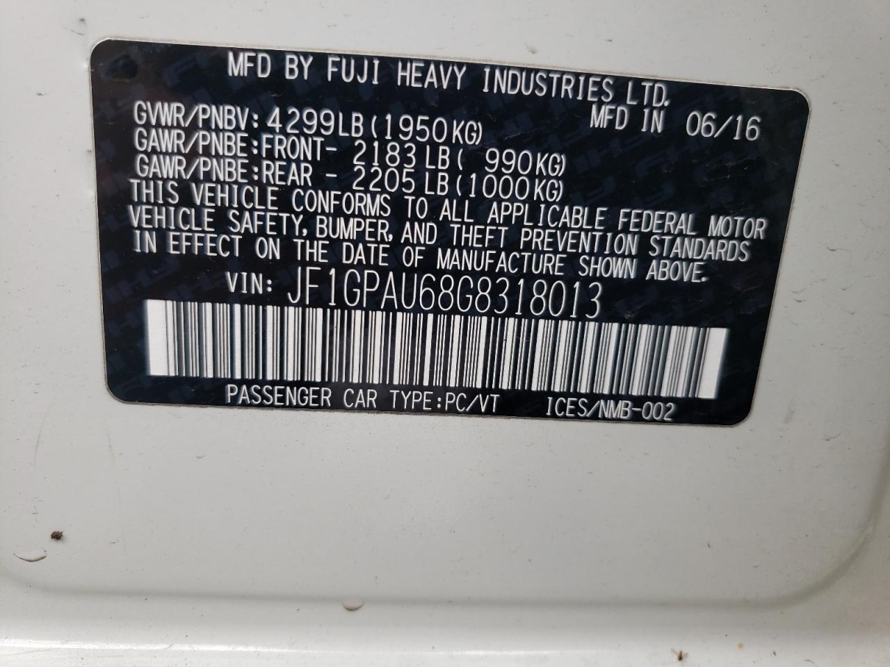 Photo 10 from auction – 2016 SUBARU IMPREZA SP with VIN JF1GPAU68G8318013