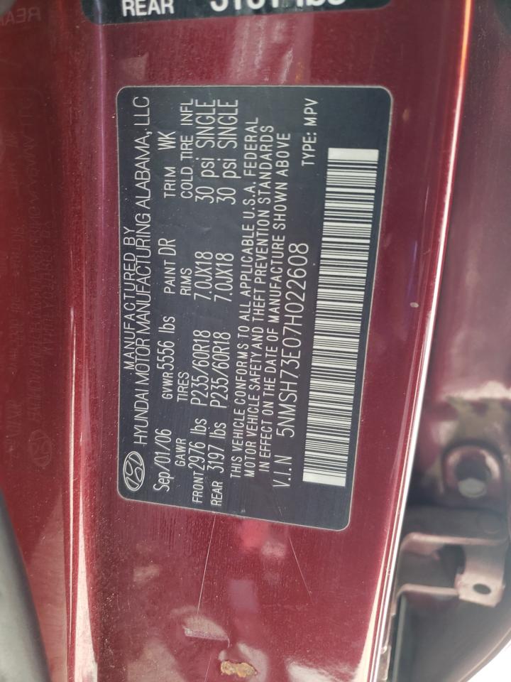 Photo 10 from auction – 2007 HYUNDAI SANTA FE S with VIN 5NMSH73E07H022608