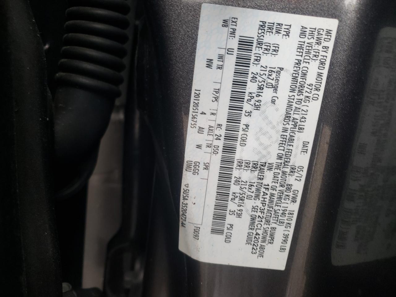 Photo 10 from auction – 2012 FORD FOCUS SE with VIN 1FAHP3F21CL420223