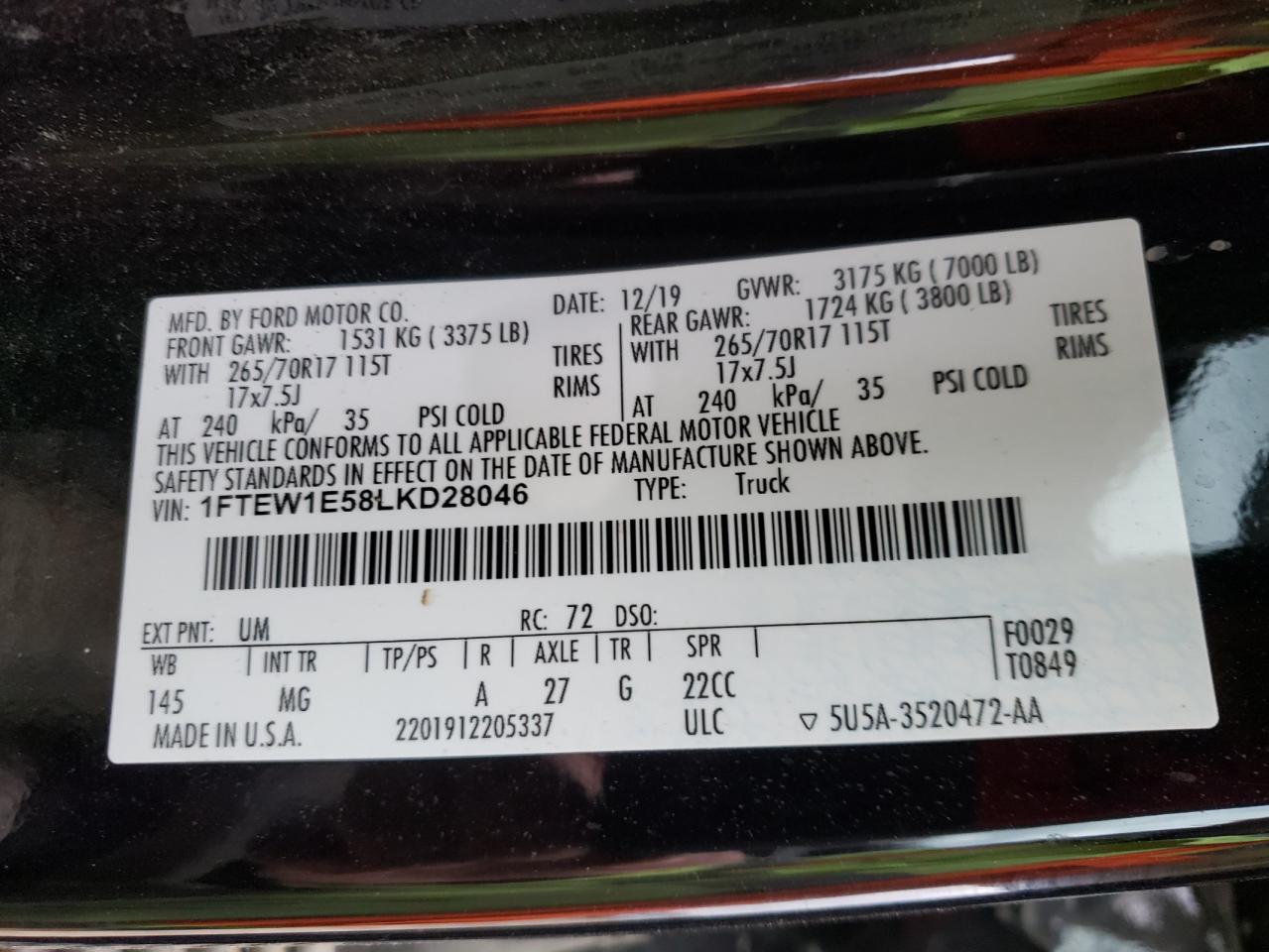 Photo 10 from auction – 2020 FORD F150 SUPER with VIN 1FTEW1E58LKD28046