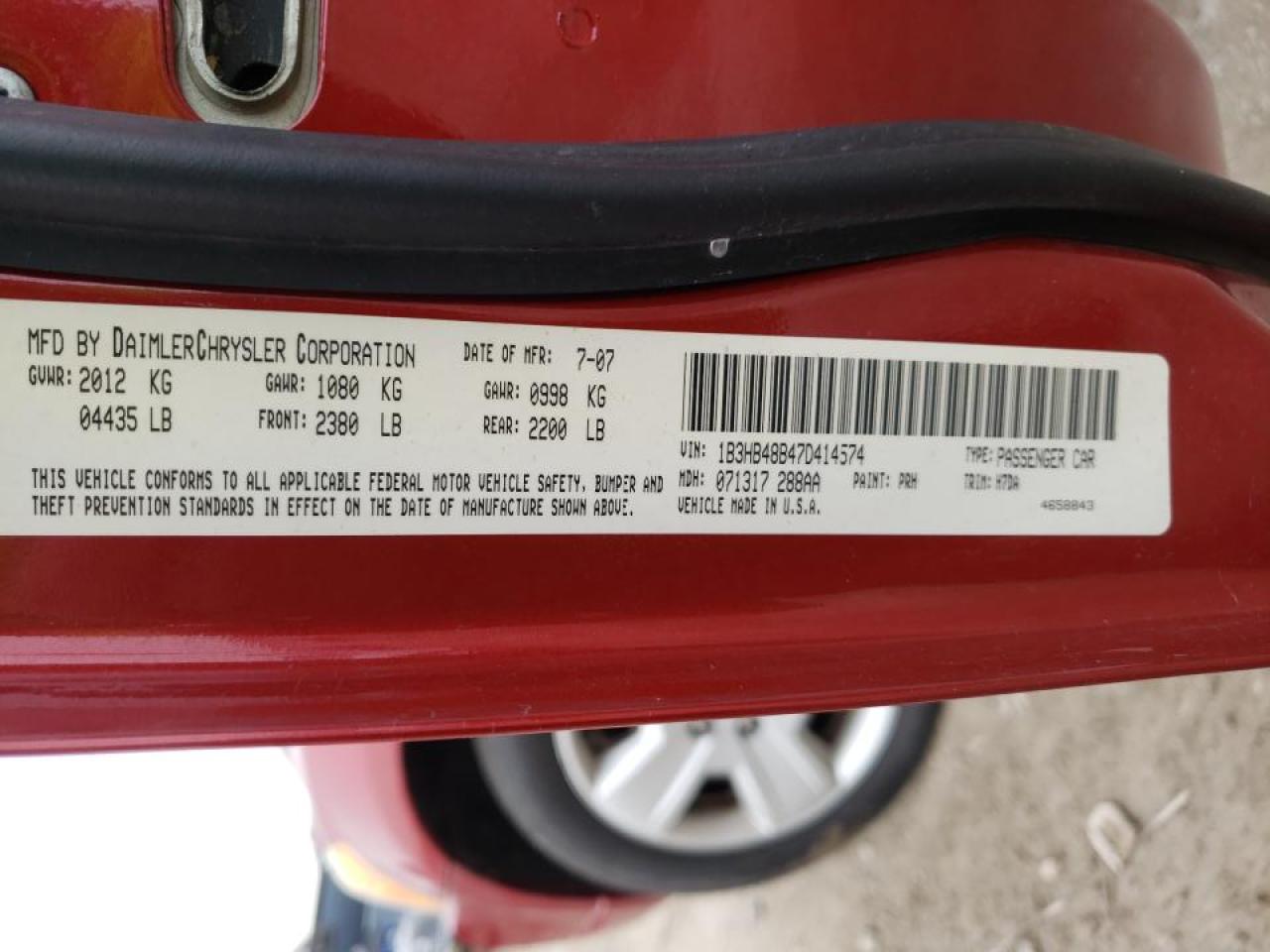 Photo 10 from auction – 2007 DODGE CALIBER SX with VIN 1B3HB48B47D414574