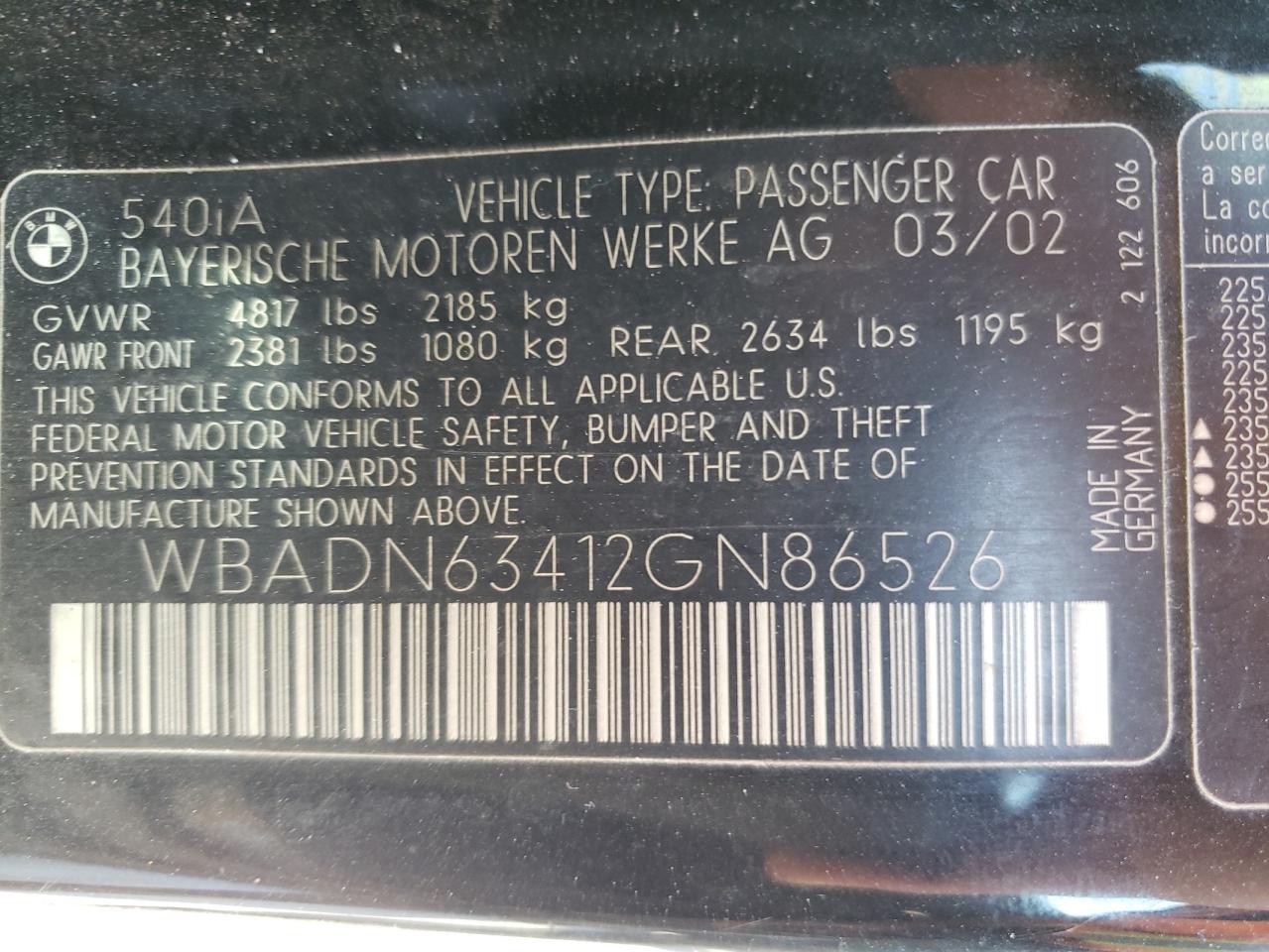 Photo 10 from auction – 2002 BMW 540 I AUTO with VIN WBADN63412GN86526