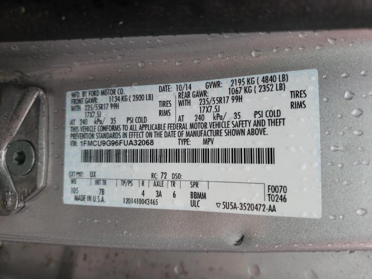 Photo 10 from auction – 2015 FORD ESCAPE SE with VIN 1FMCU9G96FUA32068