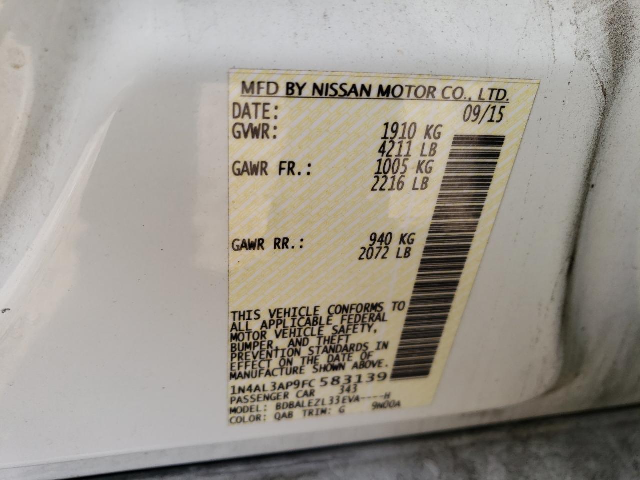 Photo 10 from auction – 2015 NISSAN ALTIMA 2.5 with VIN 1N4AL3AP9FC583139