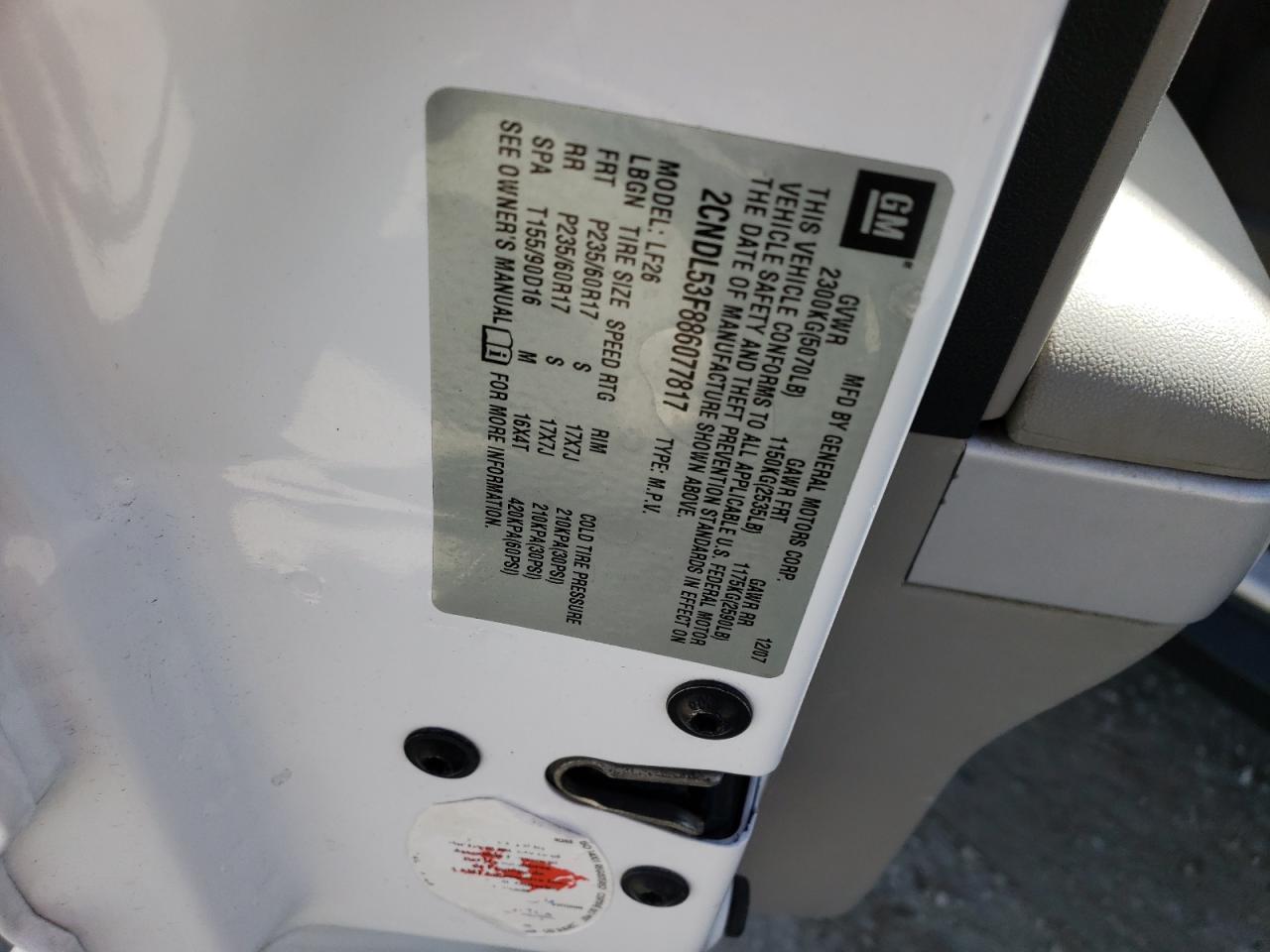 Photo 10 from auction – 2008 CHEVROLET EQUINOX LT with VIN 2CNDL53F886077817