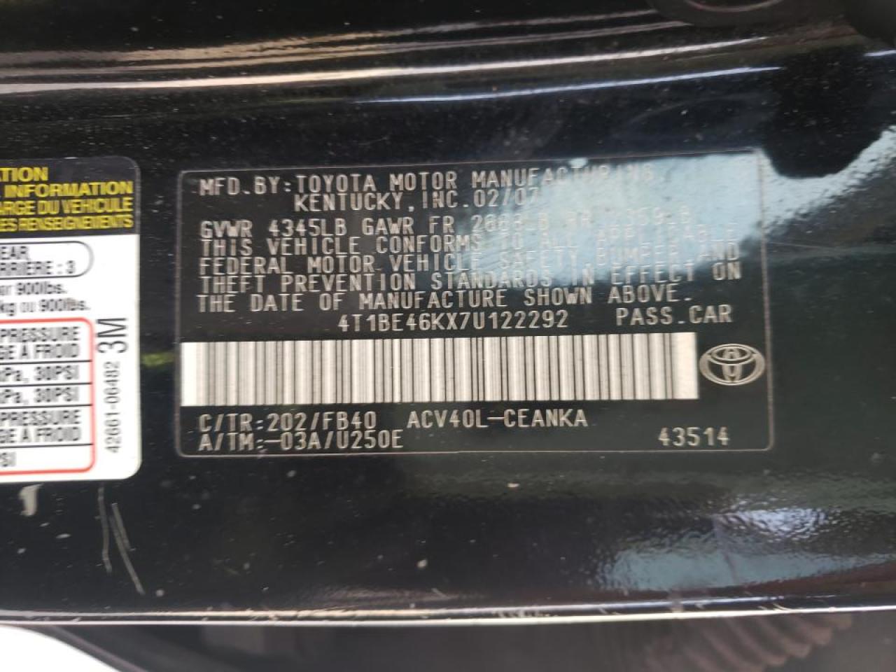 Photo 10 from auction – 2007 TOYOTA CAMRY CE with VIN 4T1BE46KX7U122292