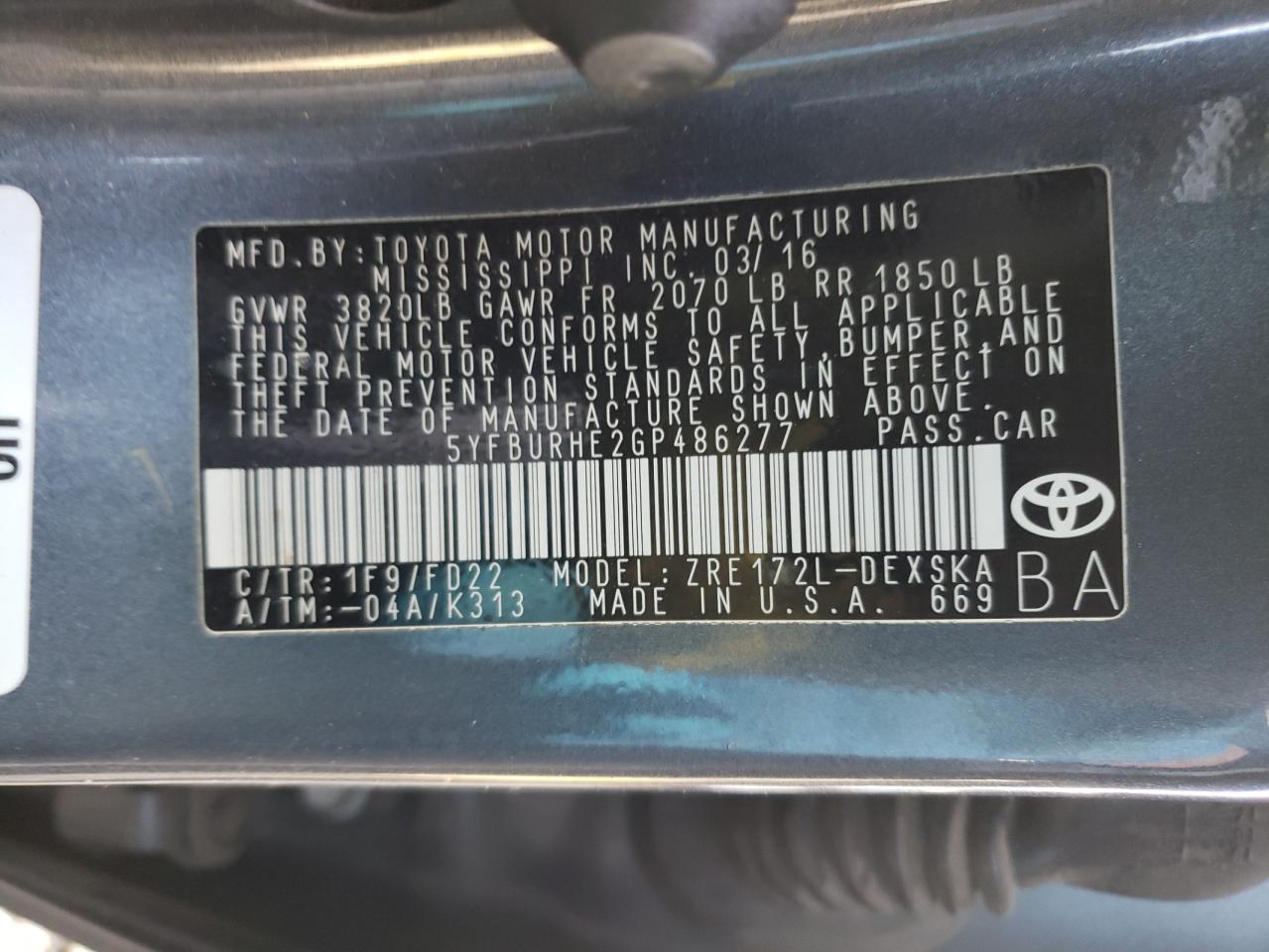 Photo 10 from auction – 2016 TOYOTA COROLLA L with VIN 5YFBURHE2GP486277