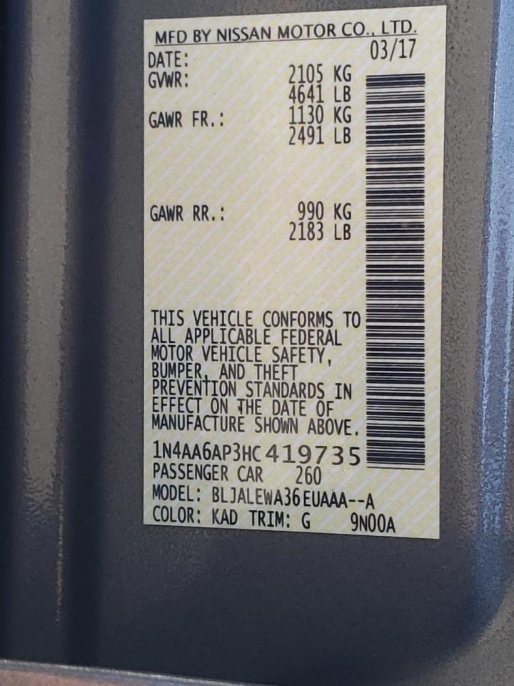Photo 10 from auction – 2017 NISSAN MAXIMA 3.5 with VIN 1N4AA6AP3HC419735