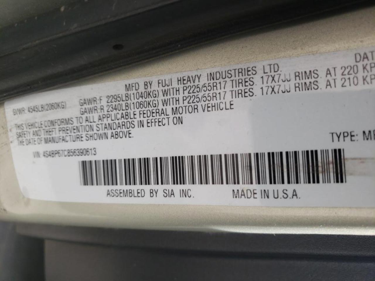 Photo 10 from auction – 2005 SUBARU LEGACY OUT with VIN 4S4BP67C856390613