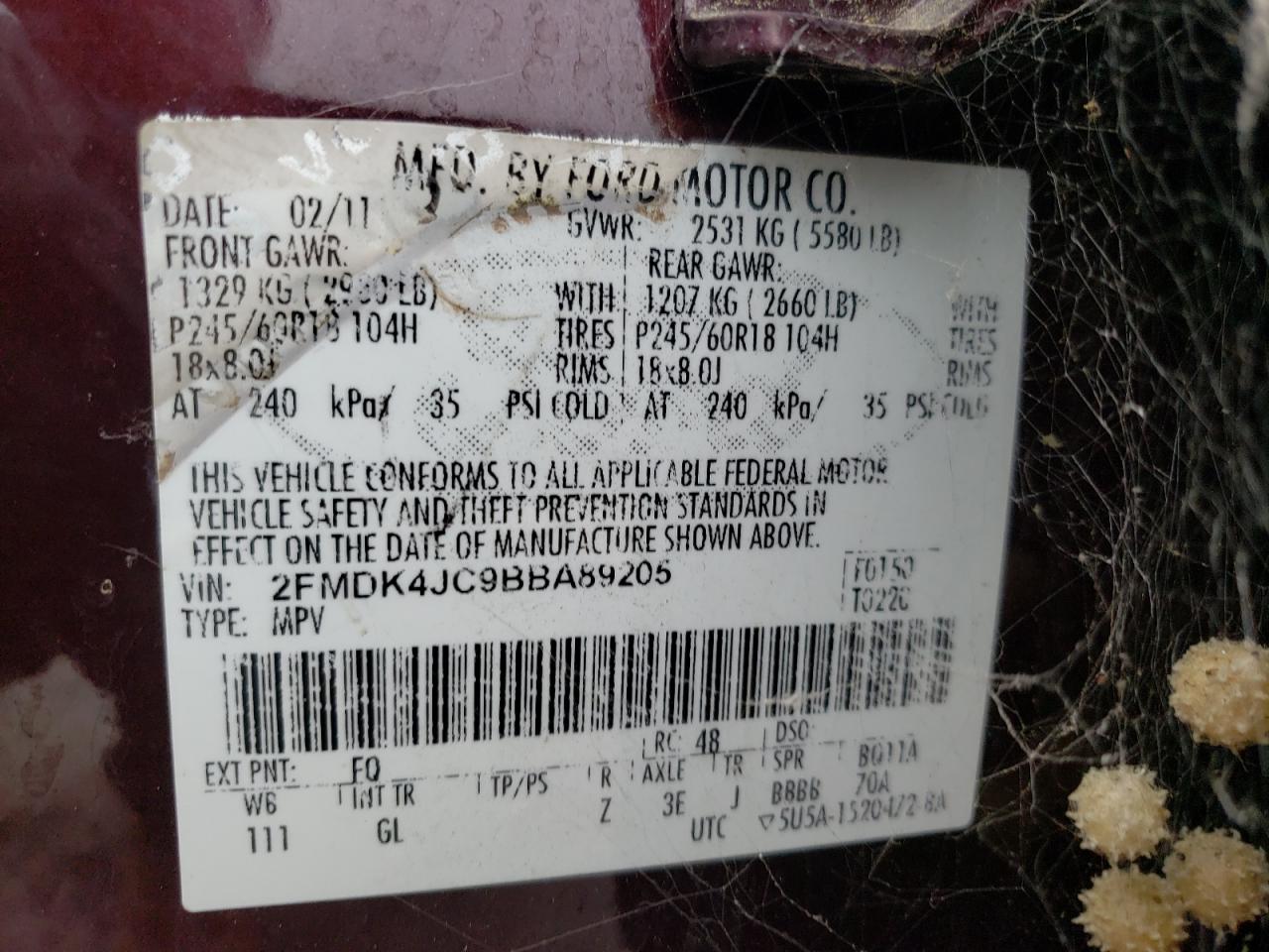 Photo 10 from auction – 2011 FORD EDGE SEL with VIN 2FMDK4JC9BBA89205