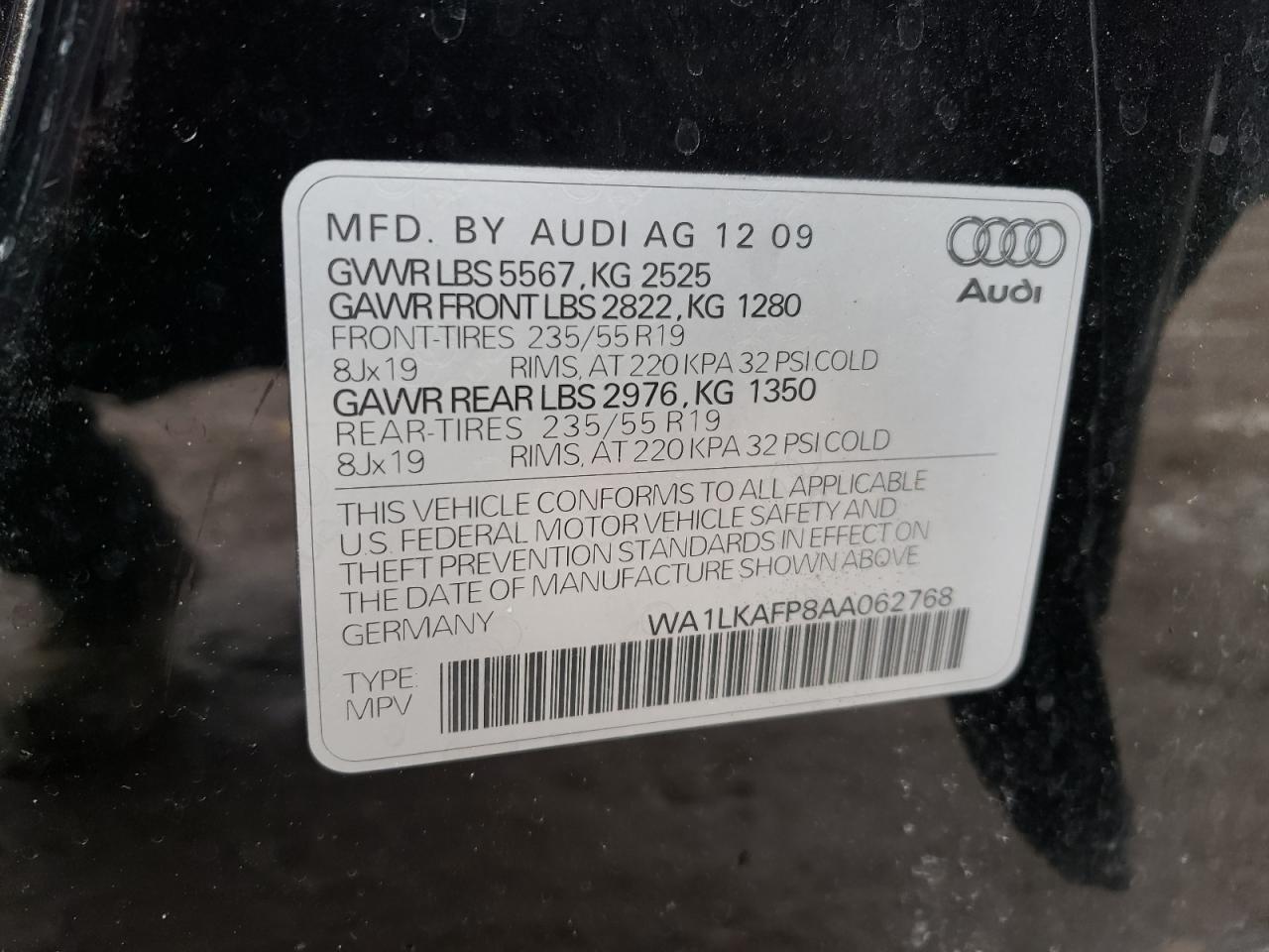 Photo 10 from auction – 2010 AUDI Q5 PREMIUM with VIN WA1LKAFP8AA062768