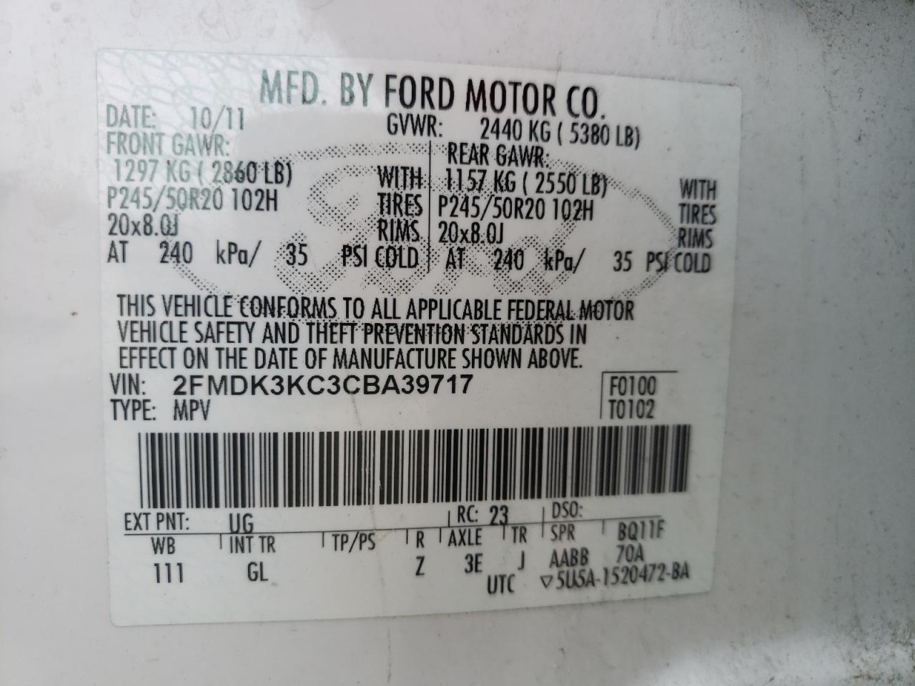 Photo 10 from auction – 2012 FORD EDGE LIMIT with VIN 2FMDK3KC3CBA39717