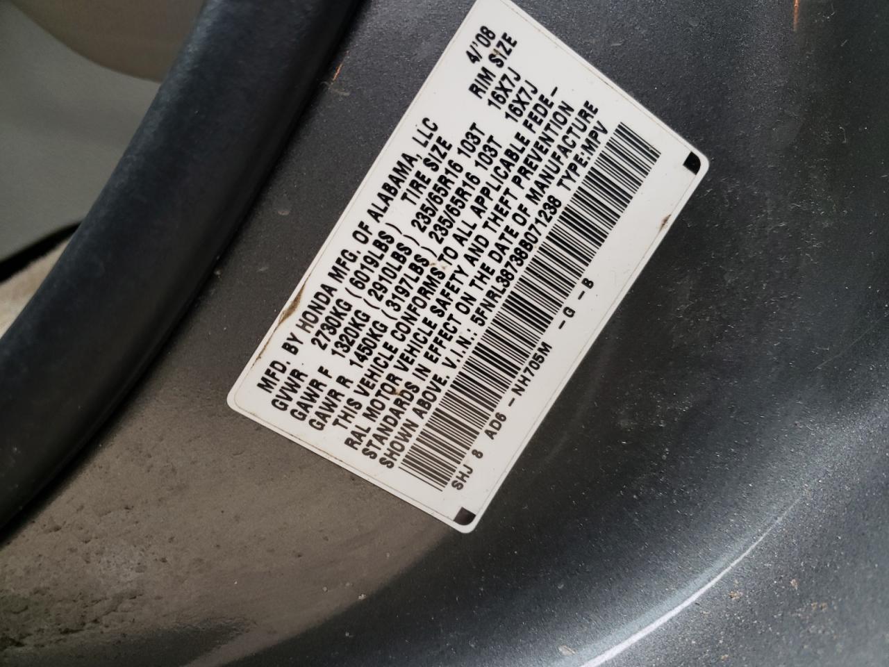 Photo 10 from auction – 2008 HONDA ODYSSEY EX with VIN 5FNRL38738B071238