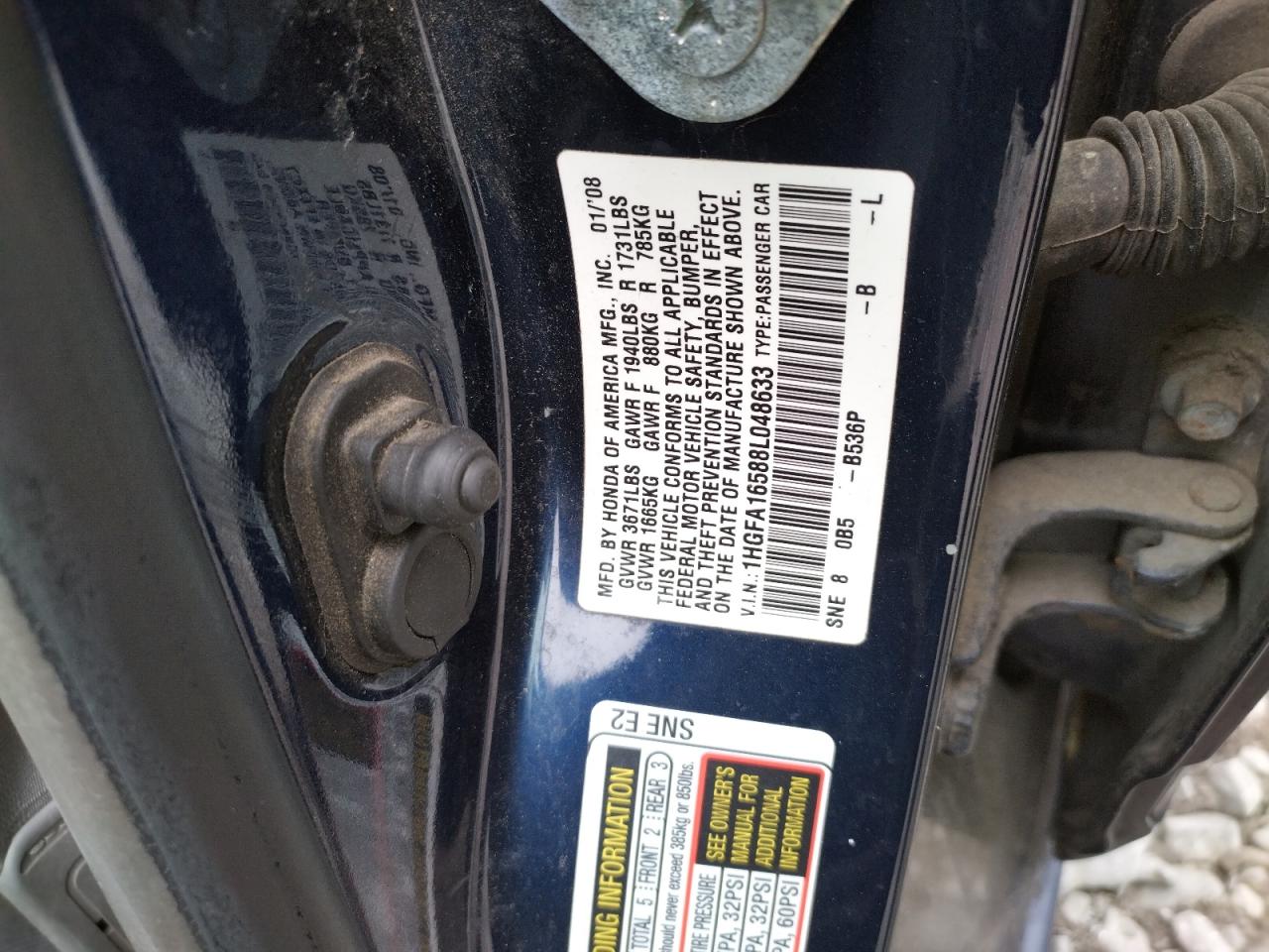 Photo 10 from auction – 2008 HONDA CIVIC LX with VIN 1HGFA16588L048633