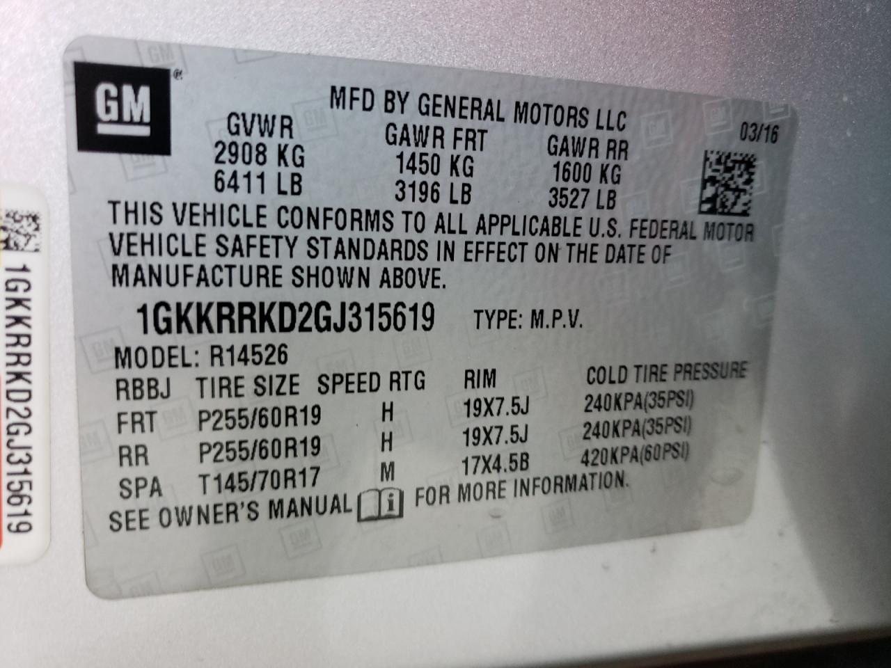 Photo 10 from auction – 2016 GMC ACADIA SLT with VIN 1GKKRRKD2GJ315619