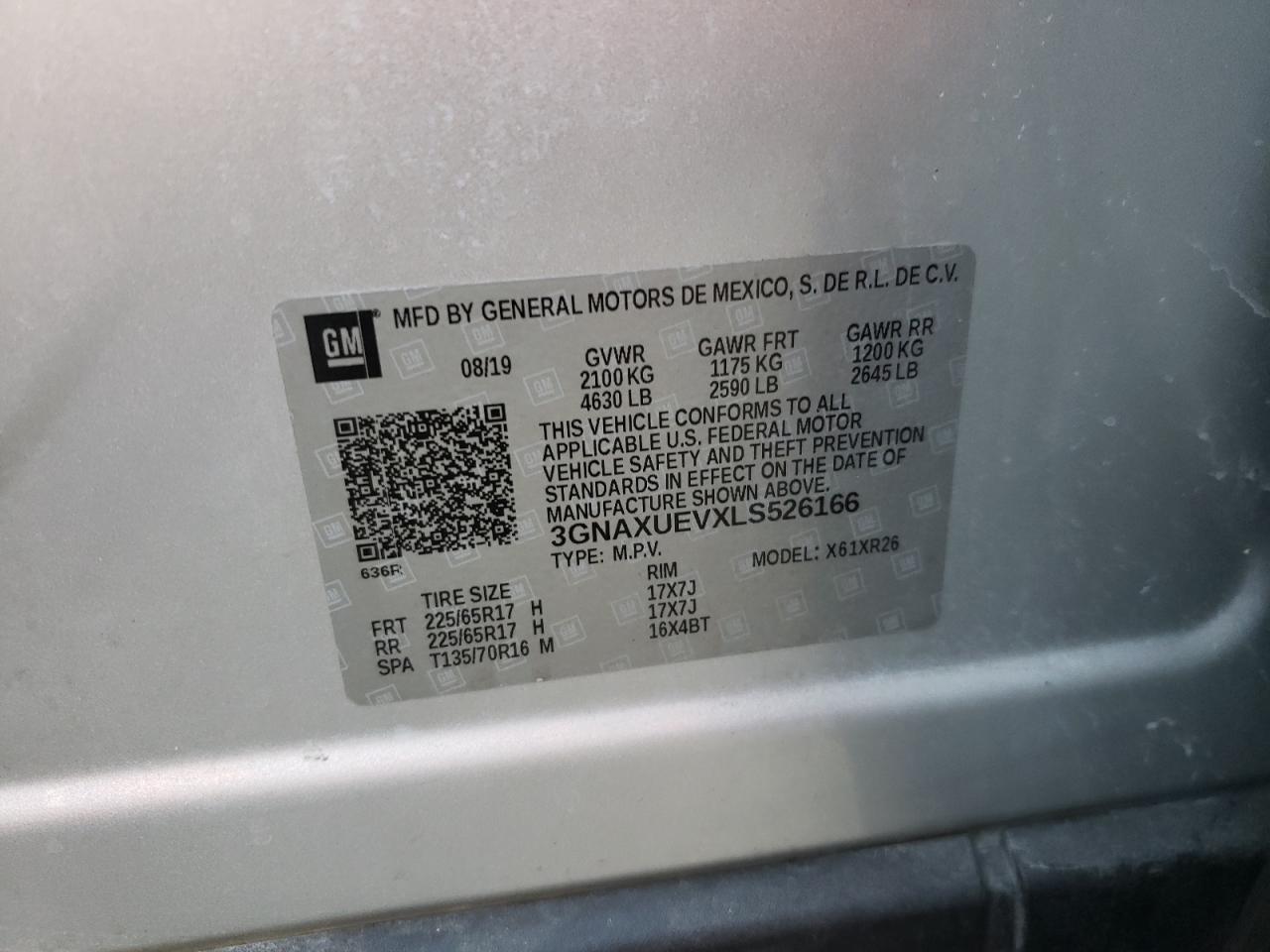 Photo 10 from auction – 2020 CHEVROLET EQUINOX LT with VIN 3GNAXUEVXLS526166