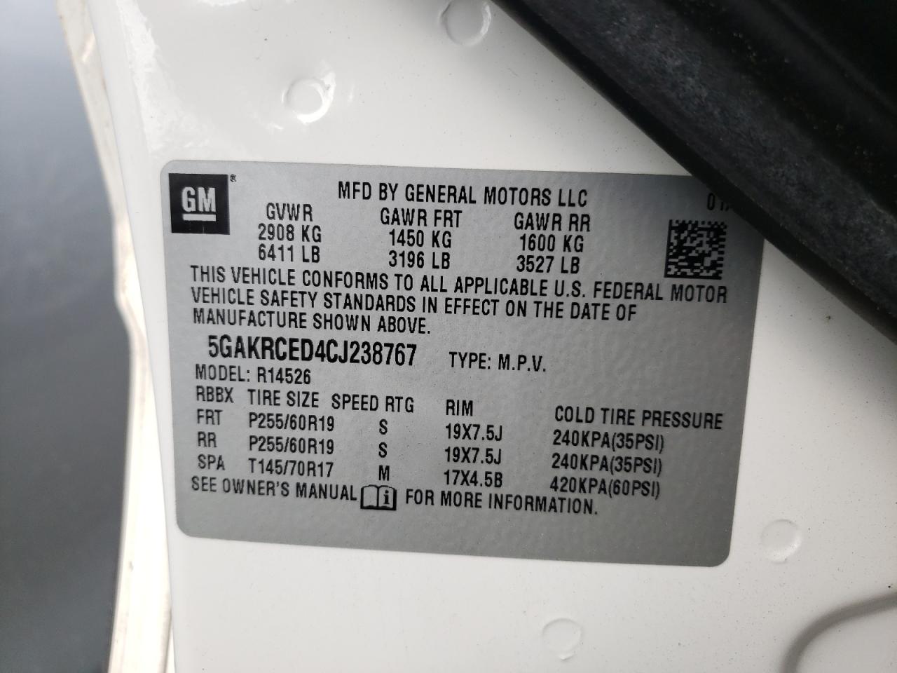 Photo 10 from auction – 2012 BUICK ENCLAVE with VIN 5GAKRCED4CJ238767