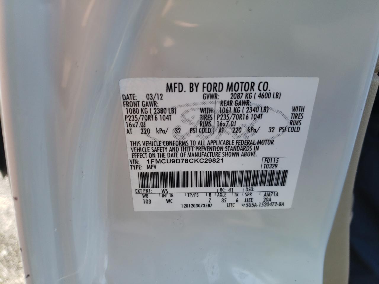 Photo 10 from auction – 2012 FORD ESCAPE XLT with VIN 1FMCU9D78CKC29821