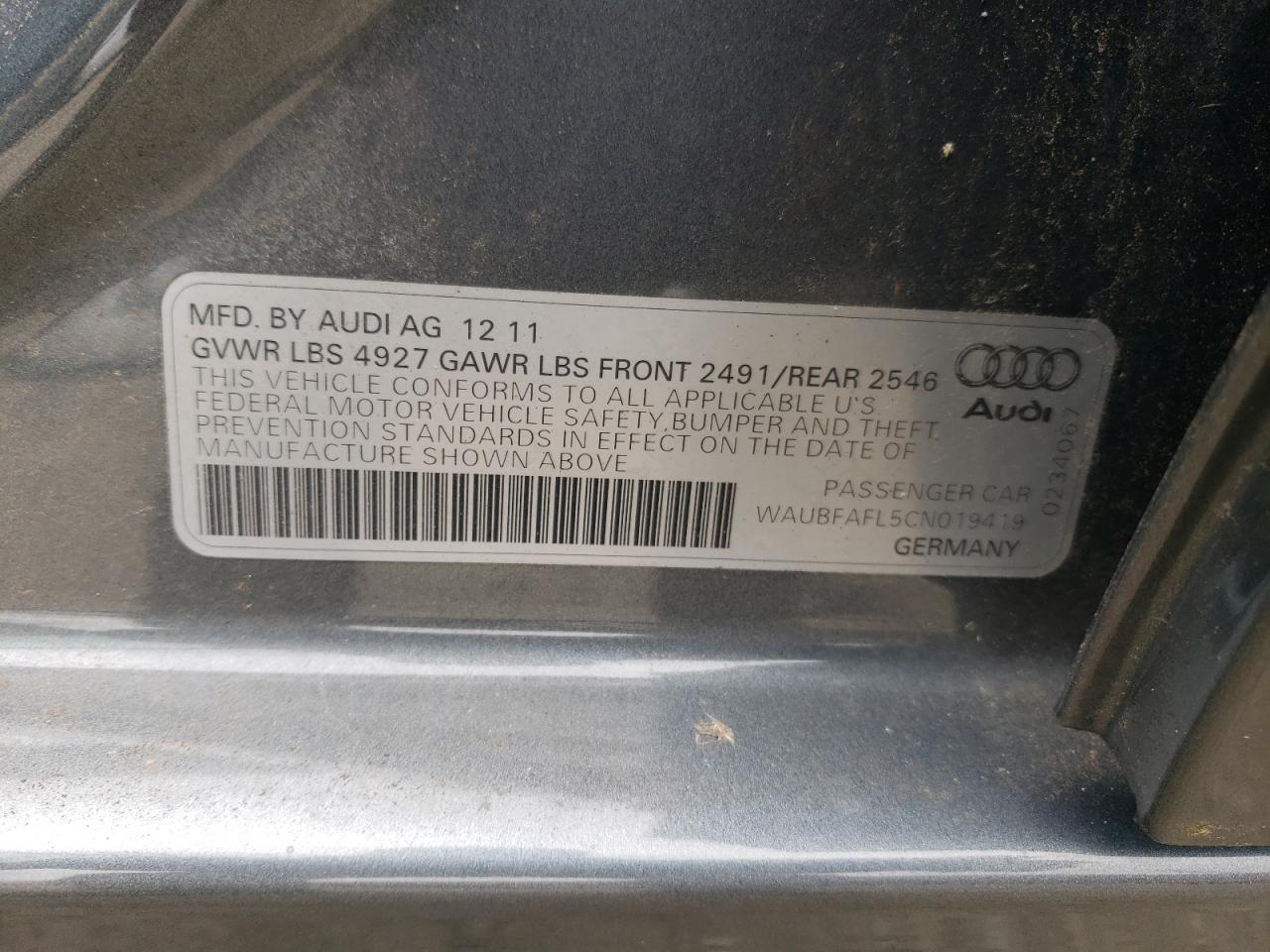 Photo 10 from auction – 2012 AUDI A4 PREMIUM with VIN WAUBFAFL5CN019419