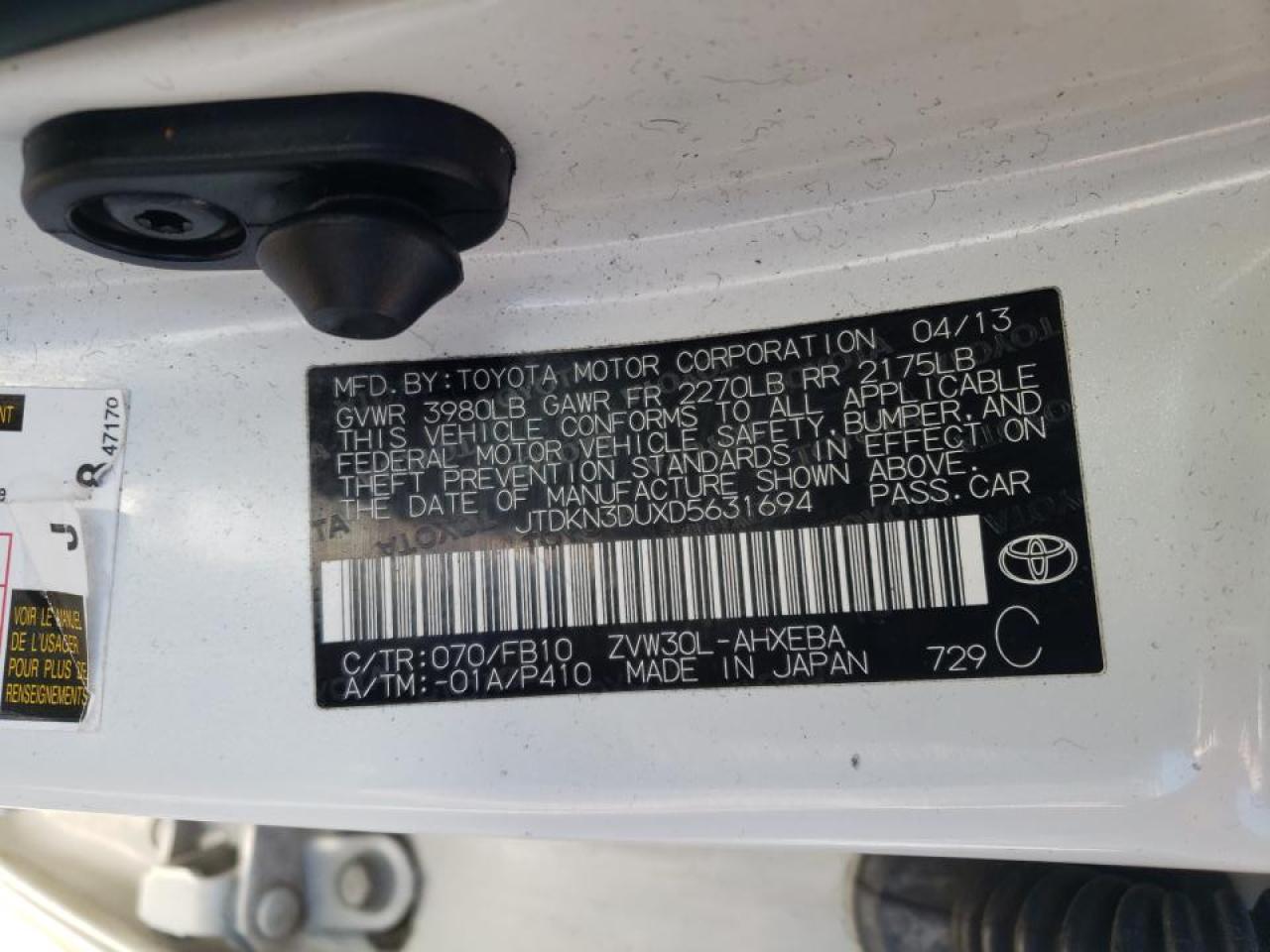Photo 10 from auction – 2013 TOYOTA PRIUS with VIN JTDKN3DUXD5631694