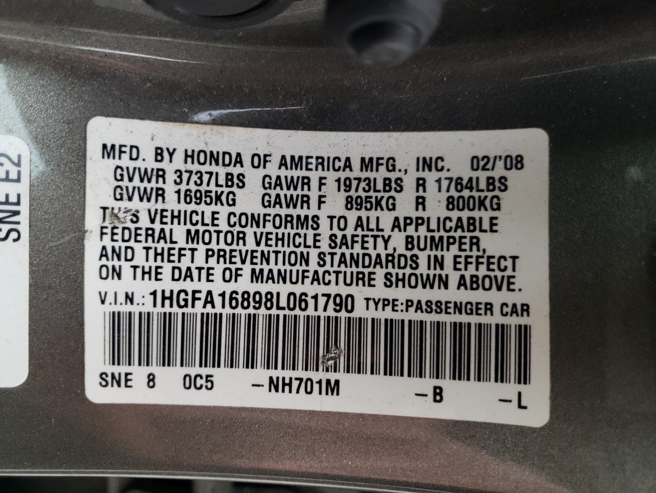 Photo 10 from auction – 2008 HONDA CIVIC EX with VIN 1HGFA16898L061790