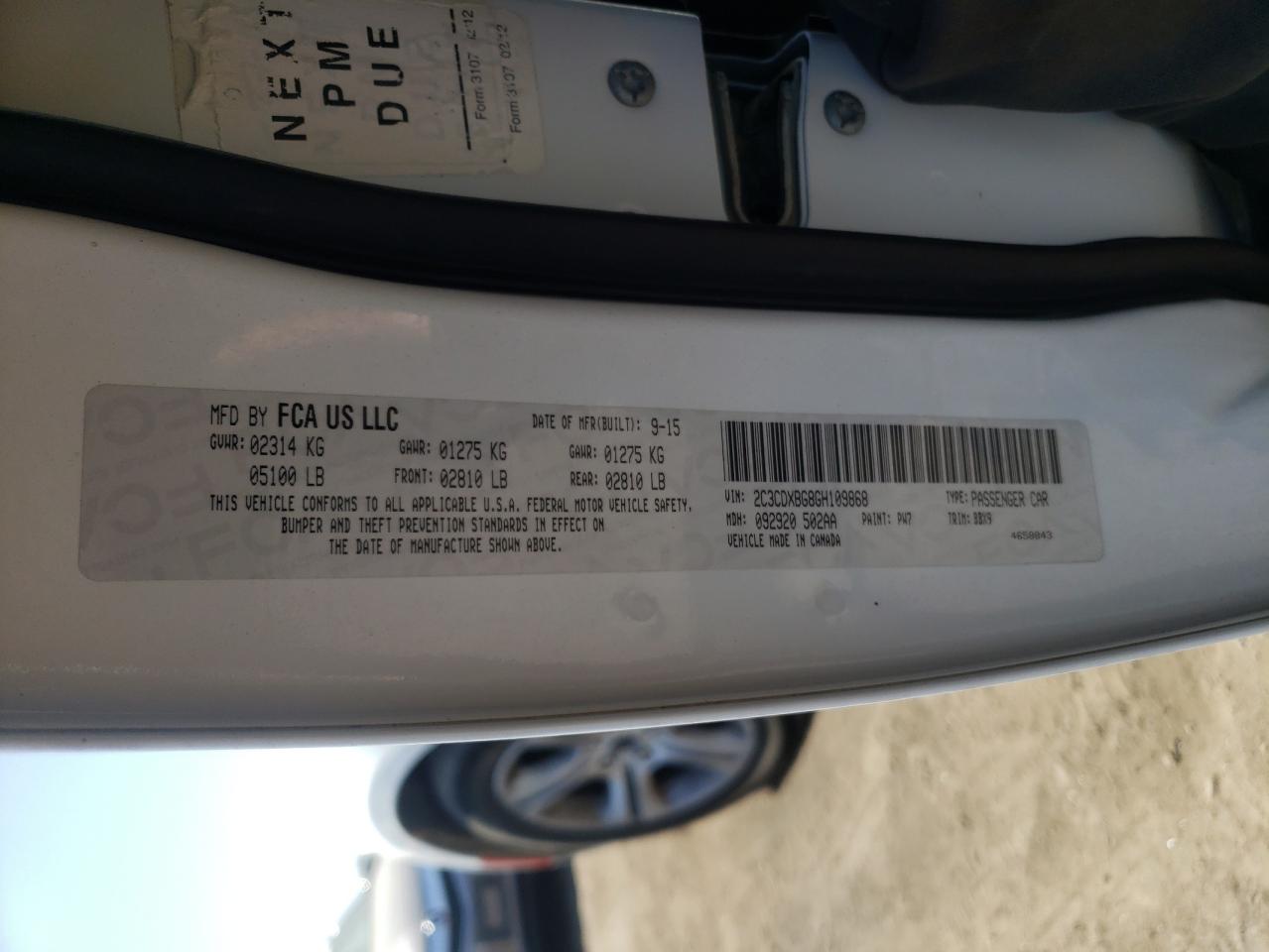 Photo 10 from auction – 2016 DODGE CHARGER SE with VIN 2C3CDXBG8GH109868