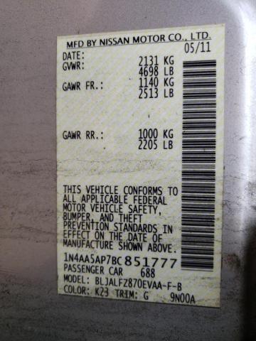 Photo 10 from auction – 2011 NISSAN MAXIMA S with VIN 1N4AA5AP7BC851777