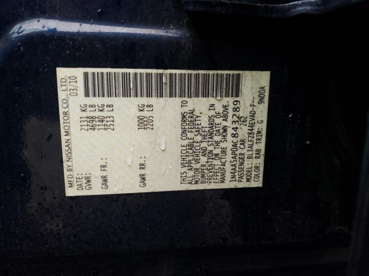 Photo 10 from auction – 2010 NISSAN MAXIMA S with VIN 1N4AA5AP0AC843289