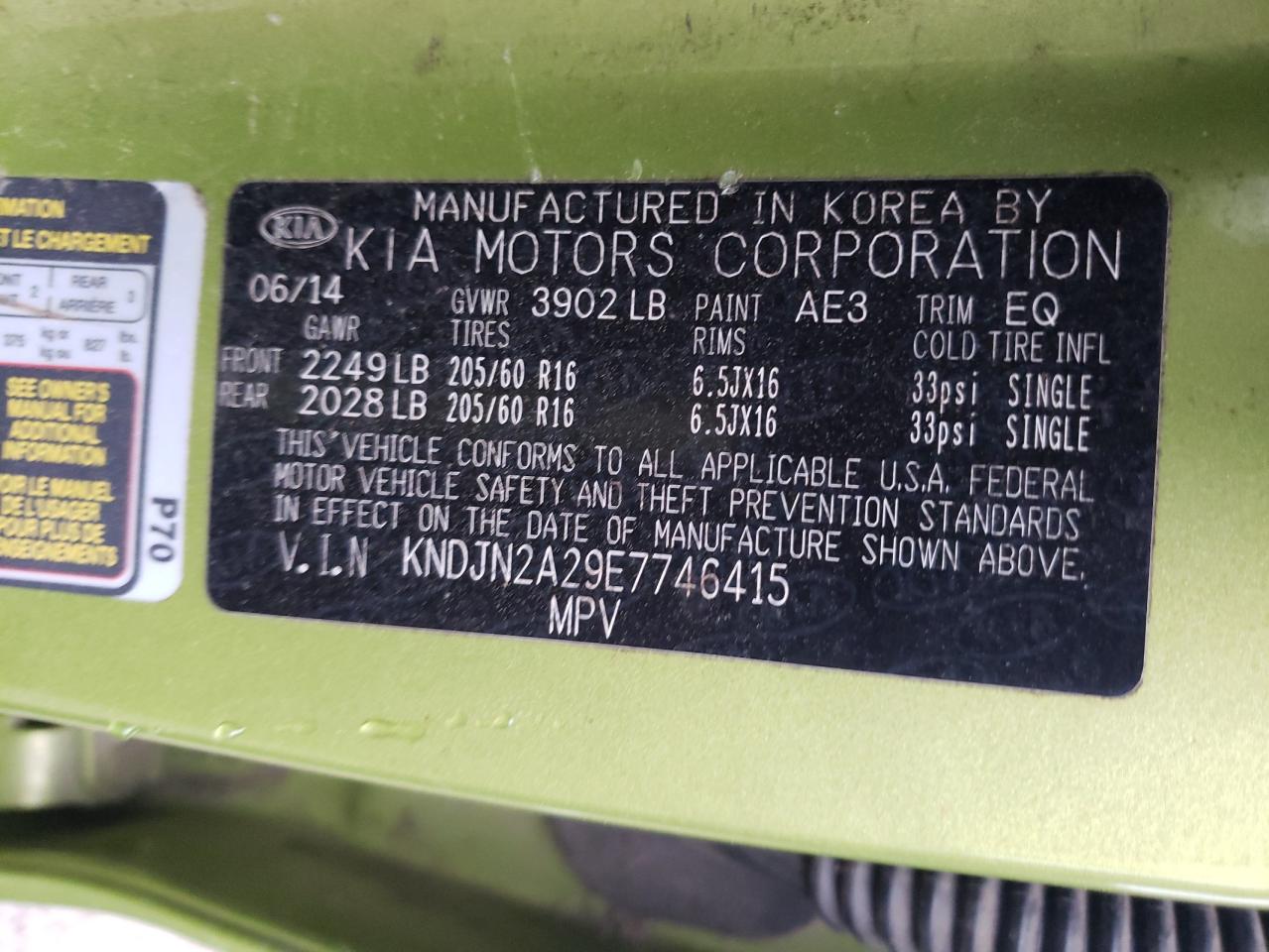 Photo 10 from auction – 2014 KIA SOUL with VIN KNDJN2A29E7746415