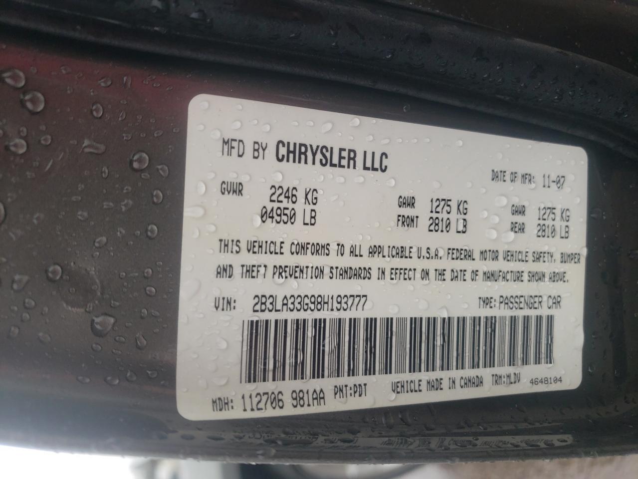 Photo 10 from auction – 2008 DODGE CHARGER SX with VIN 2B3LA33G98H193777