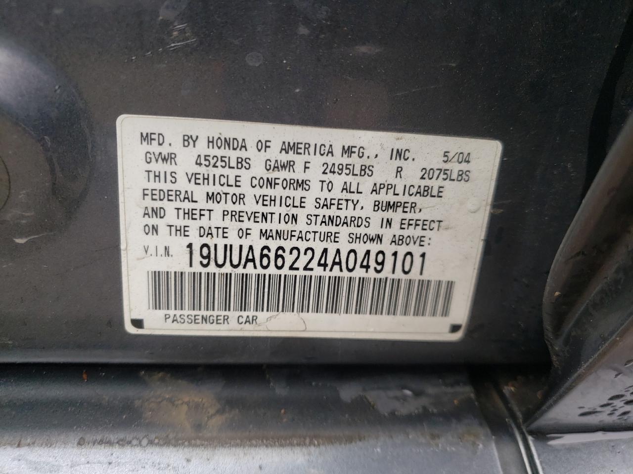 Photo 10 from auction – 2004 ACURA TL with VIN 19UUA66224A049101
