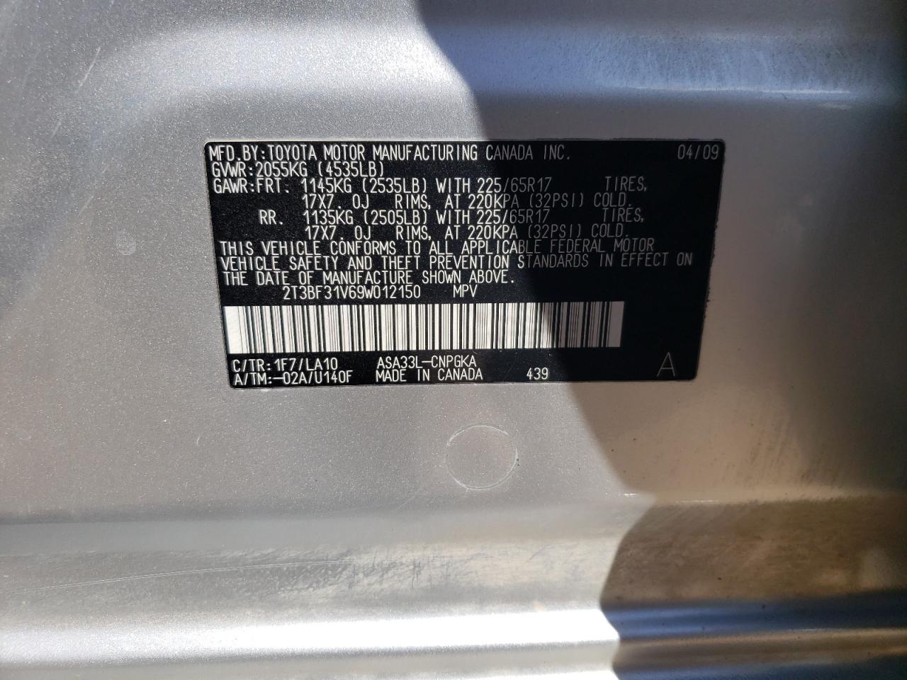 Photo 10 from auction – 2009 TOYOTA RAV4 LIMIT with VIN 2T3BF31V69W012150
