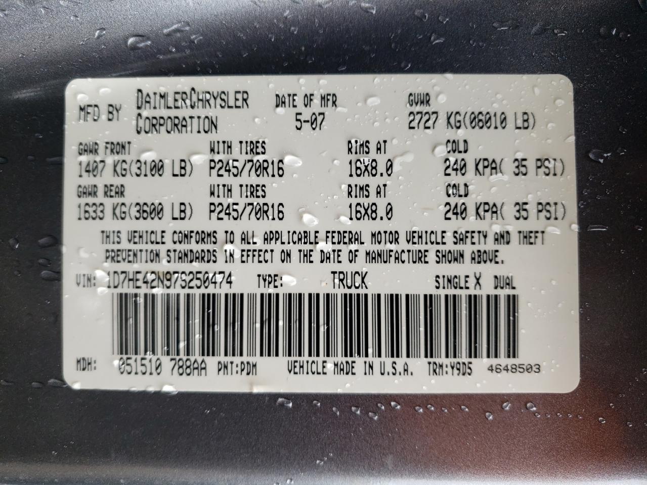Photo 10 from auction – 2007 DODGE DAKOTA SLT with VIN 1D7HE42N97S250474