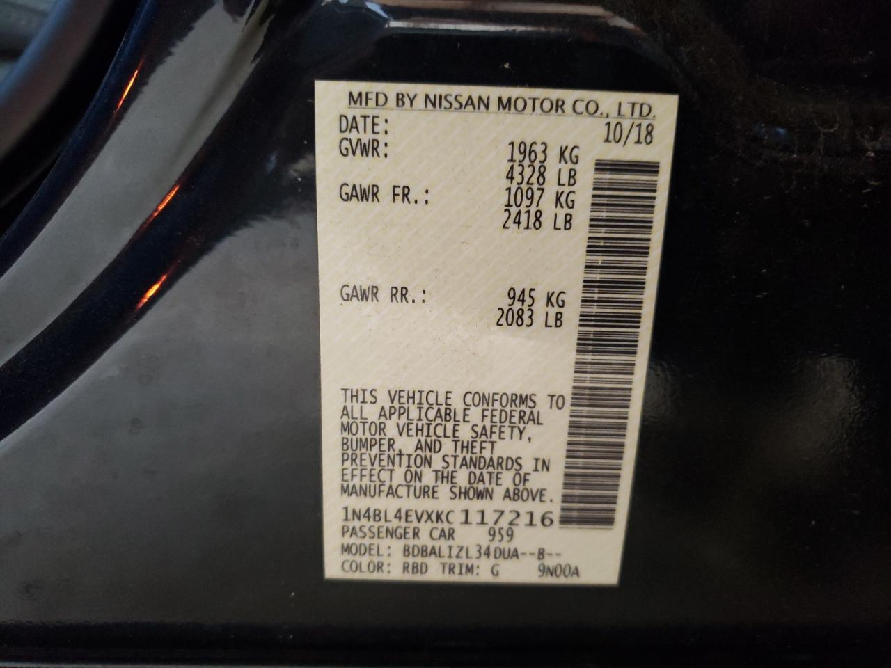 Photo 10 from auction – 2019 NISSAN ALTIMA SL with VIN 1N4BL4EVXKC117216