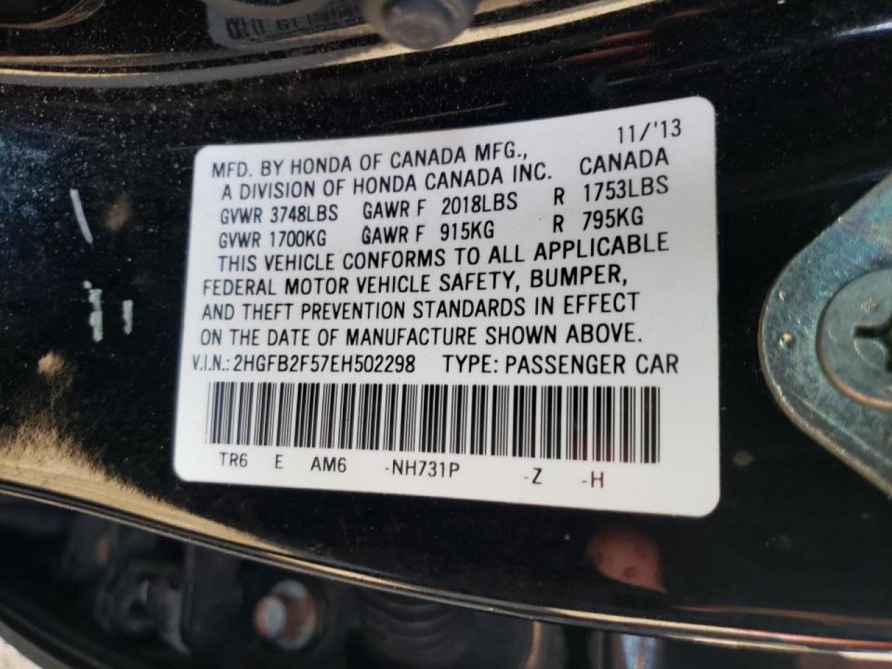Photo 10 from auction – 2014 HONDA CIVIC LX with VIN 2HGFB2F57EH502298