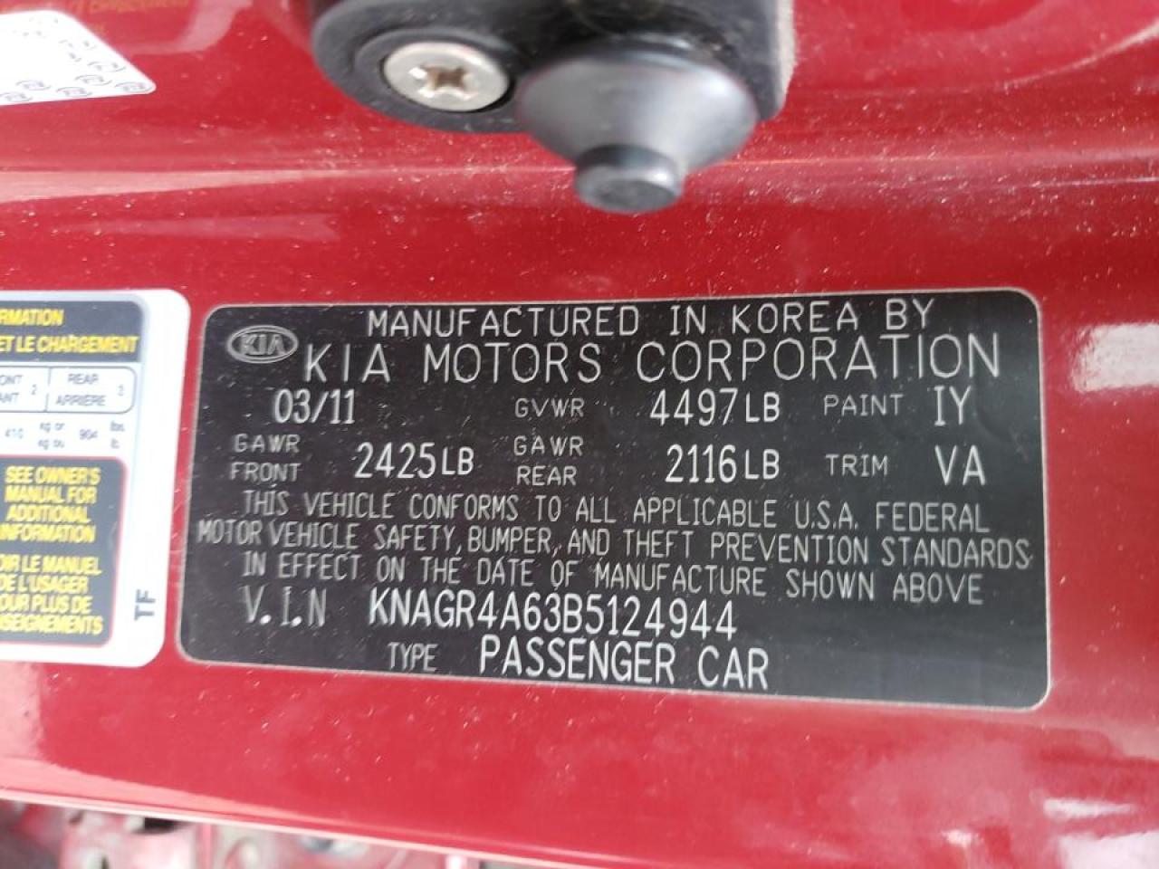 Photo 10 from auction – 2011 KIA OPTIMA SX with VIN KNAGR4A63B5124944