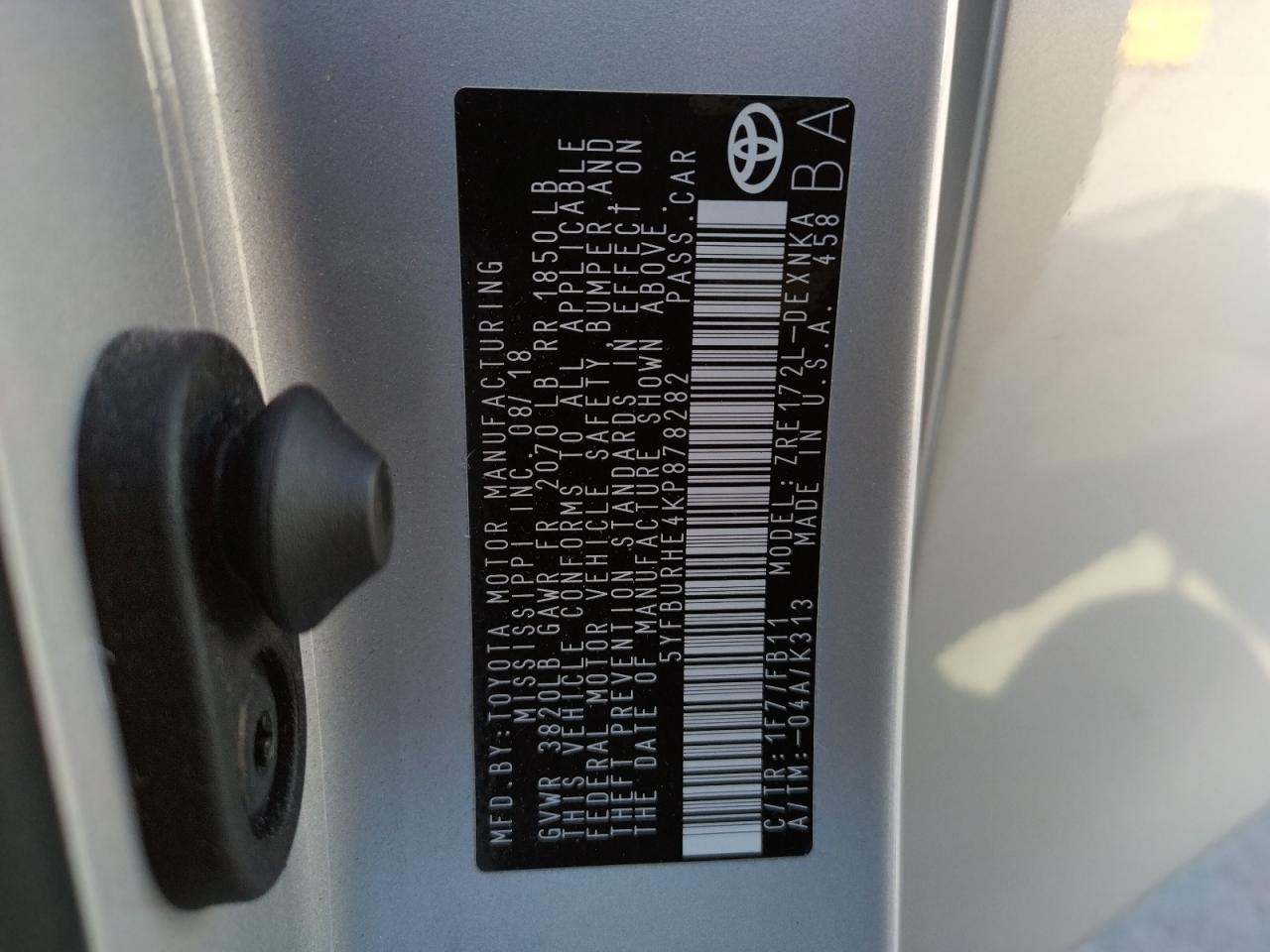 Photo 10 from auction – 2019 TOYOTA COROLLA L with VIN 5YFBURHE4KP878282