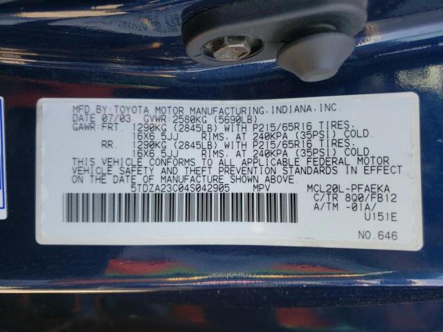 Photo 10 from auction – 2004 TOYOTA SIENNA CE with VIN 5TDZA23C04S042905
