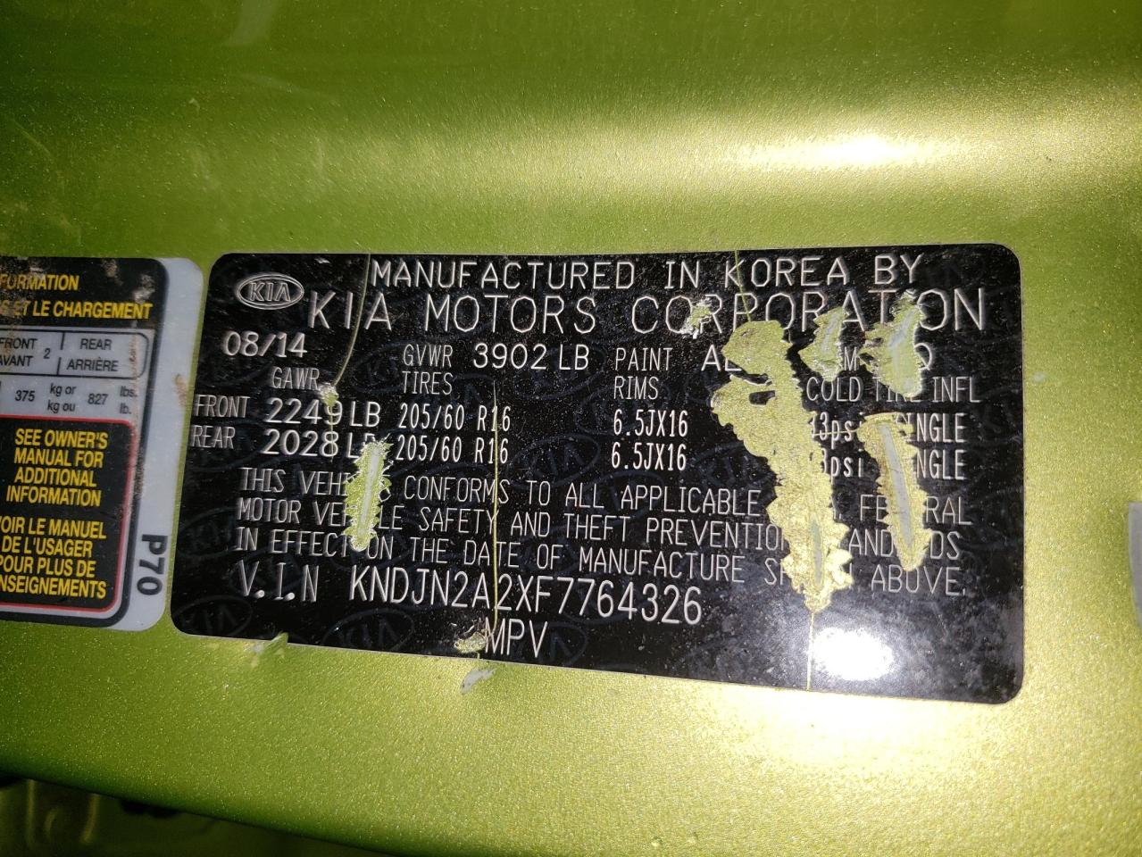 Photo 10 from auction – 2015 KIA SOUL with VIN KNDJN2A2XF7764326
