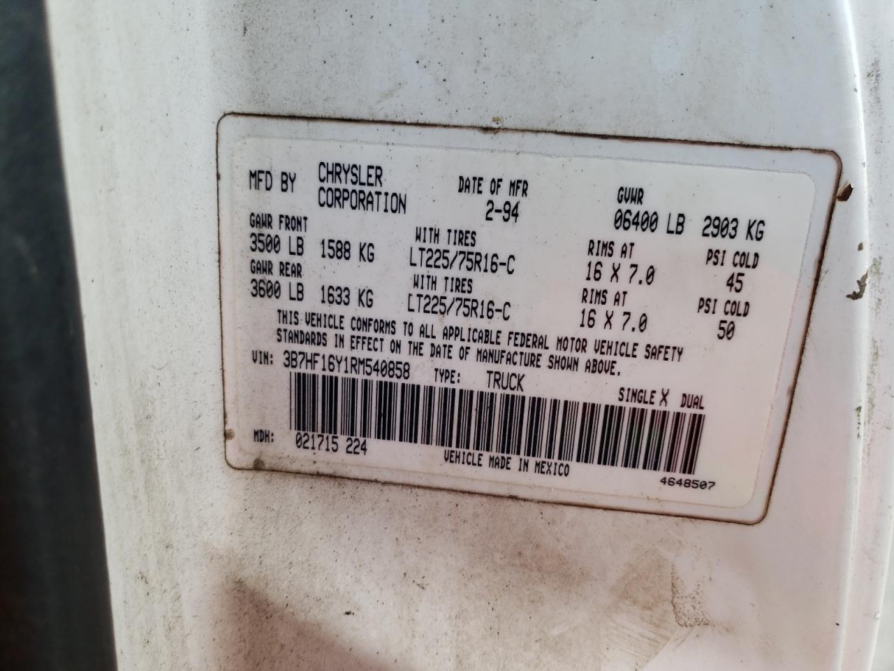 Photo 10 from auction – 1994 DODGE RAM 1500 with VIN 3B7HF16Y1RM540858