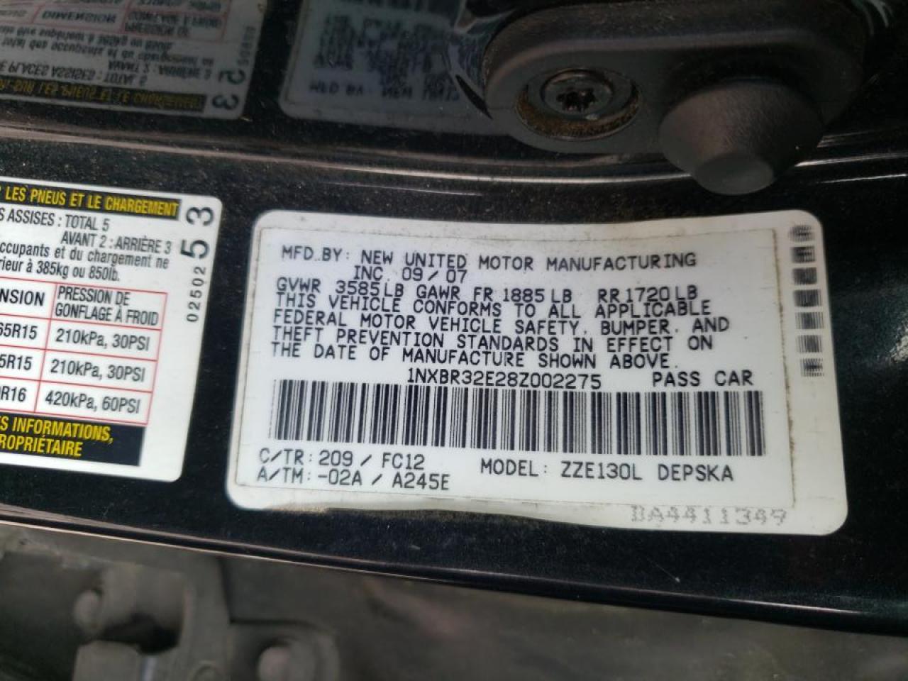 Photo 10 from auction – 2008 TOYOTA COROLLA CE with VIN 1NXBR32E28Z002275