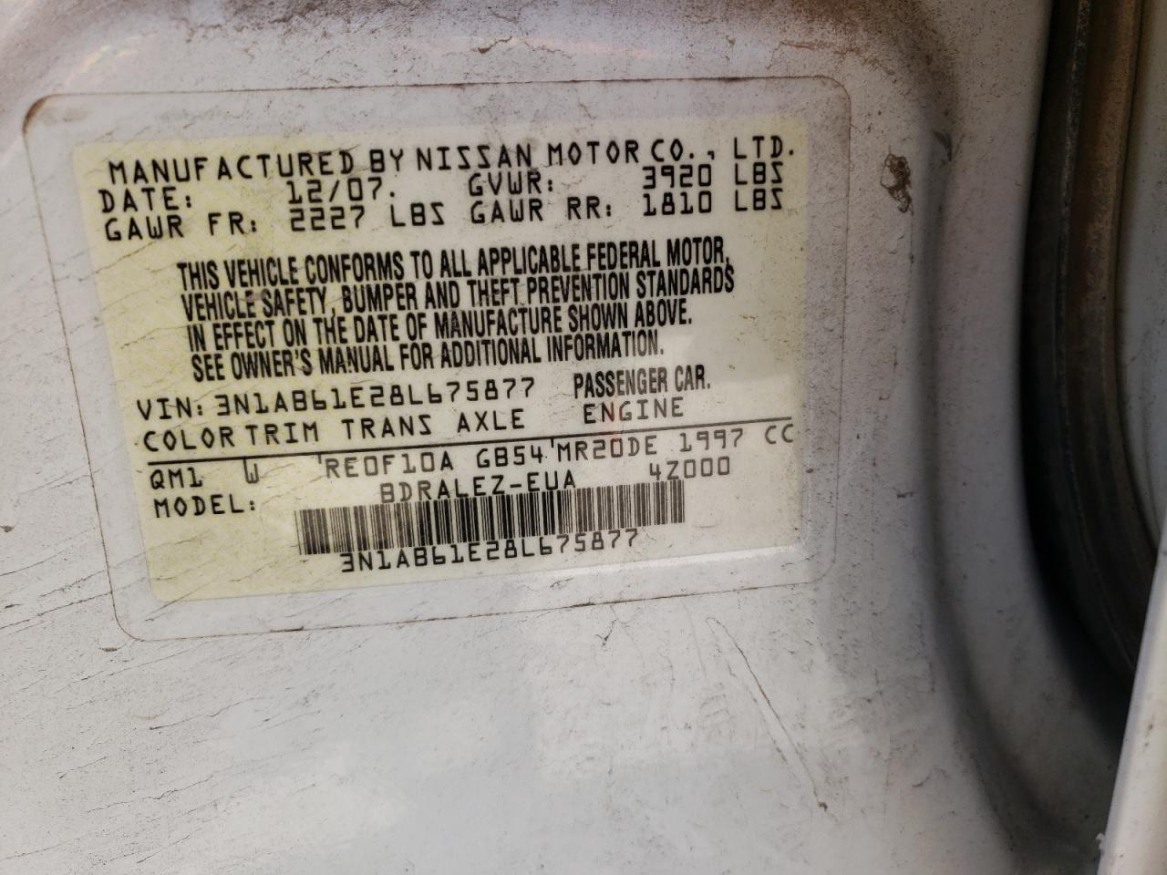 Photo 10 from auction – 2008 NISSAN SENTRA 2.0 with VIN 3N1AB61E28L675877