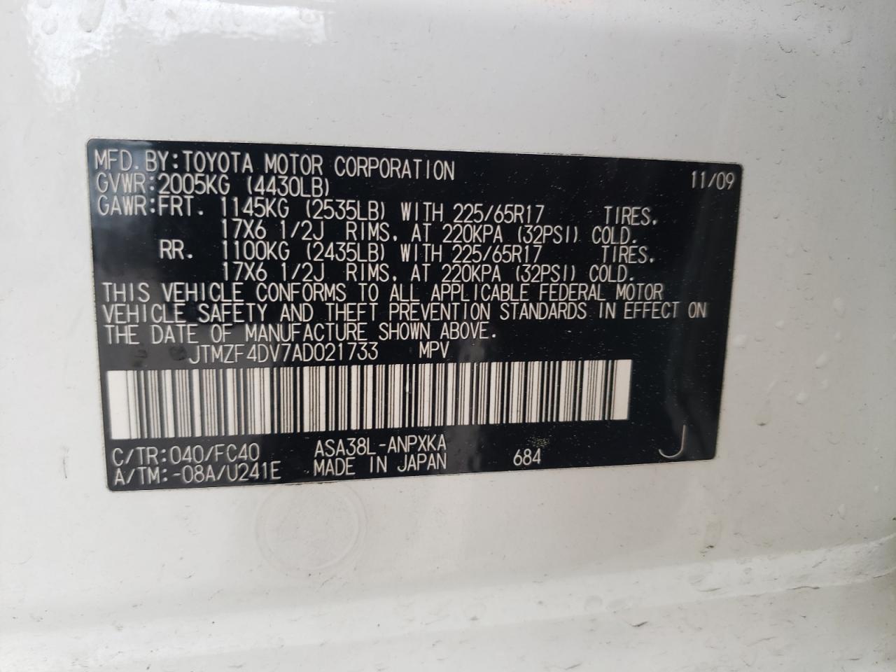 Zdjęcie 10 z aukcji – 2010 TOYOTA RAV4 z VIN JTMZF4DV7AD021733