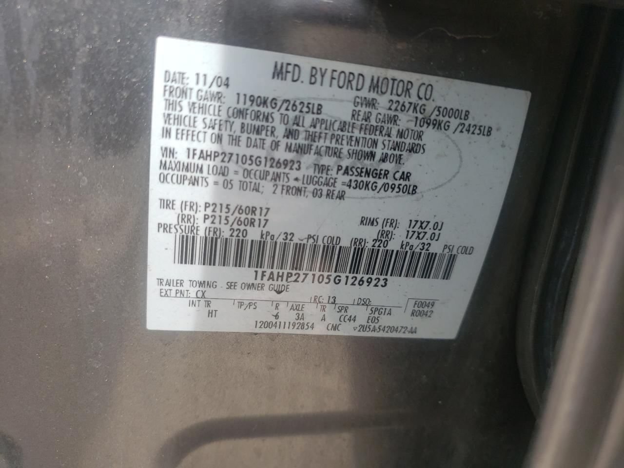 Photo 10 from auction – 2005 FORD FIVE HUNDR with VIN 1FAHP27105G126923