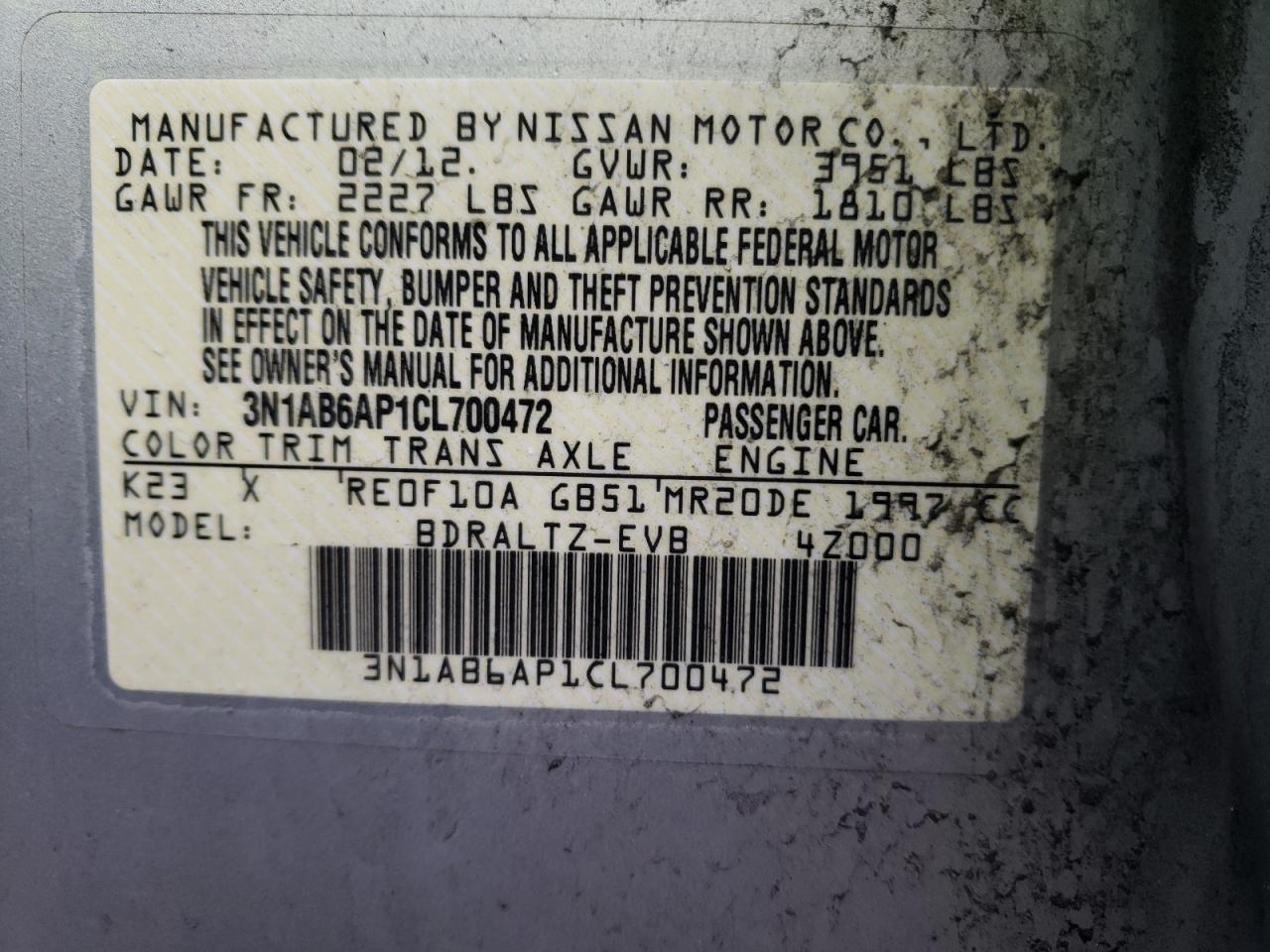 Photo 10 from auction – 2012 NISSAN SENTRA 2.0 with VIN 3N1AB6AP1CL700472