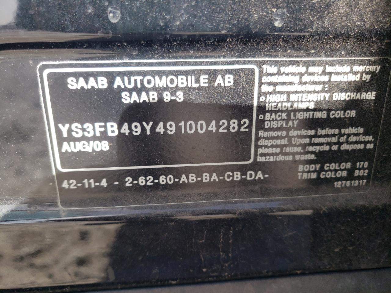 Photo 10 from auction – 2009 SAAB 9-3 2.0T with VIN YS3FB49Y491004282