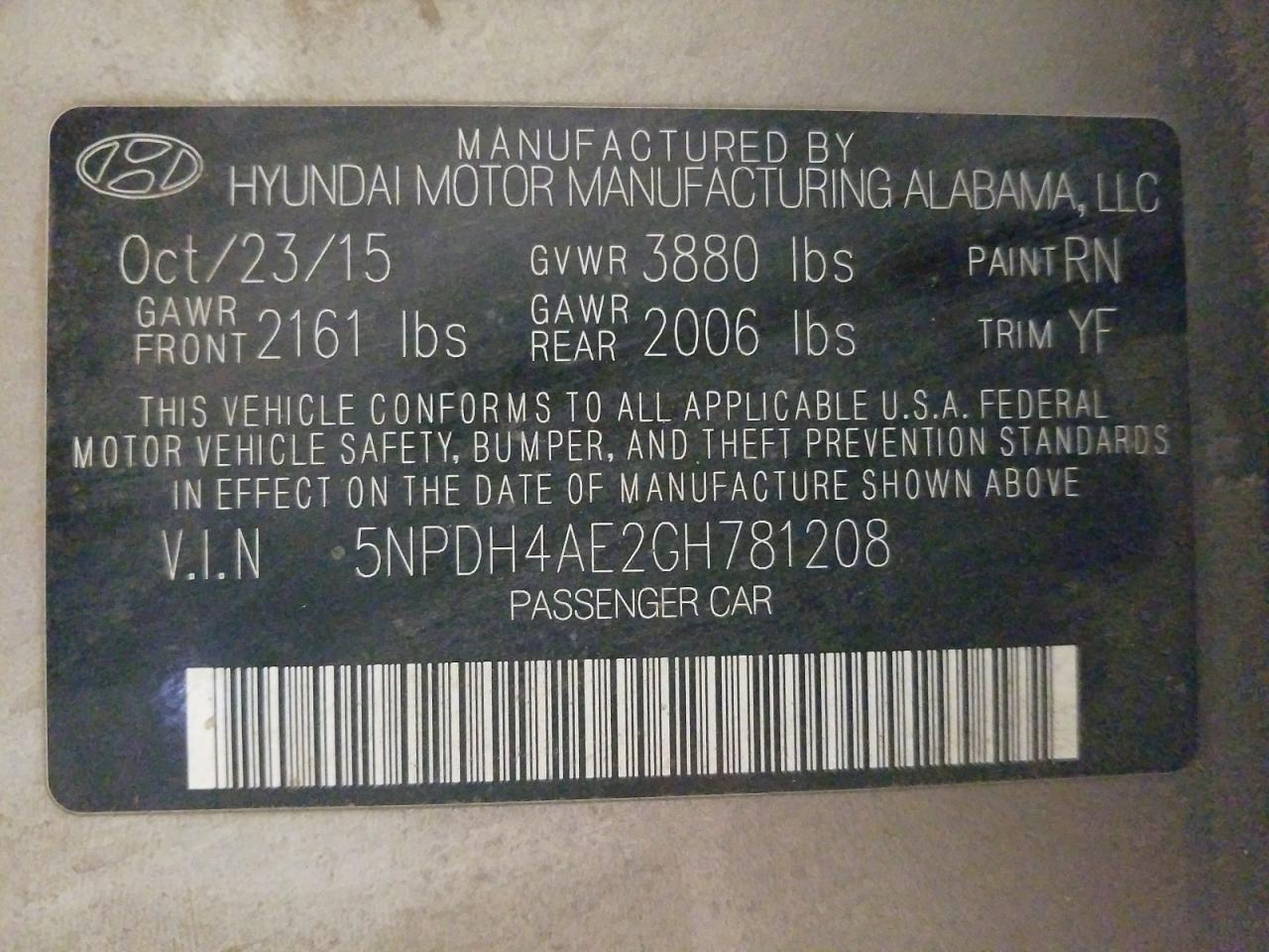 Photo 10 from auction – 2016 HYUNDAI ELANTRA SE with VIN 5NPDH4AE2GH781208