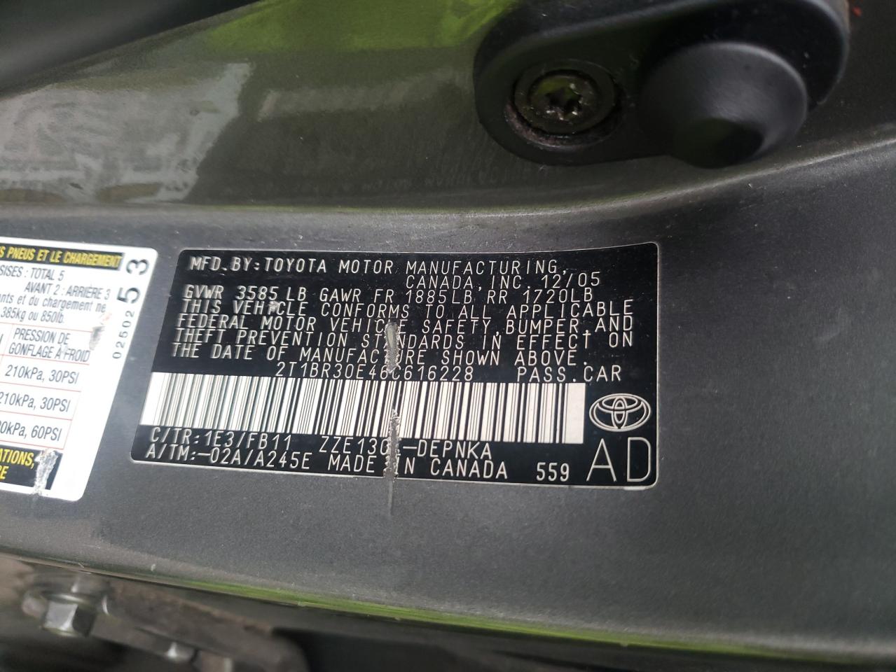 Photo 10 from auction – 2006 TOYOTA COROLLA CE with VIN 2T1BR30E46C616228