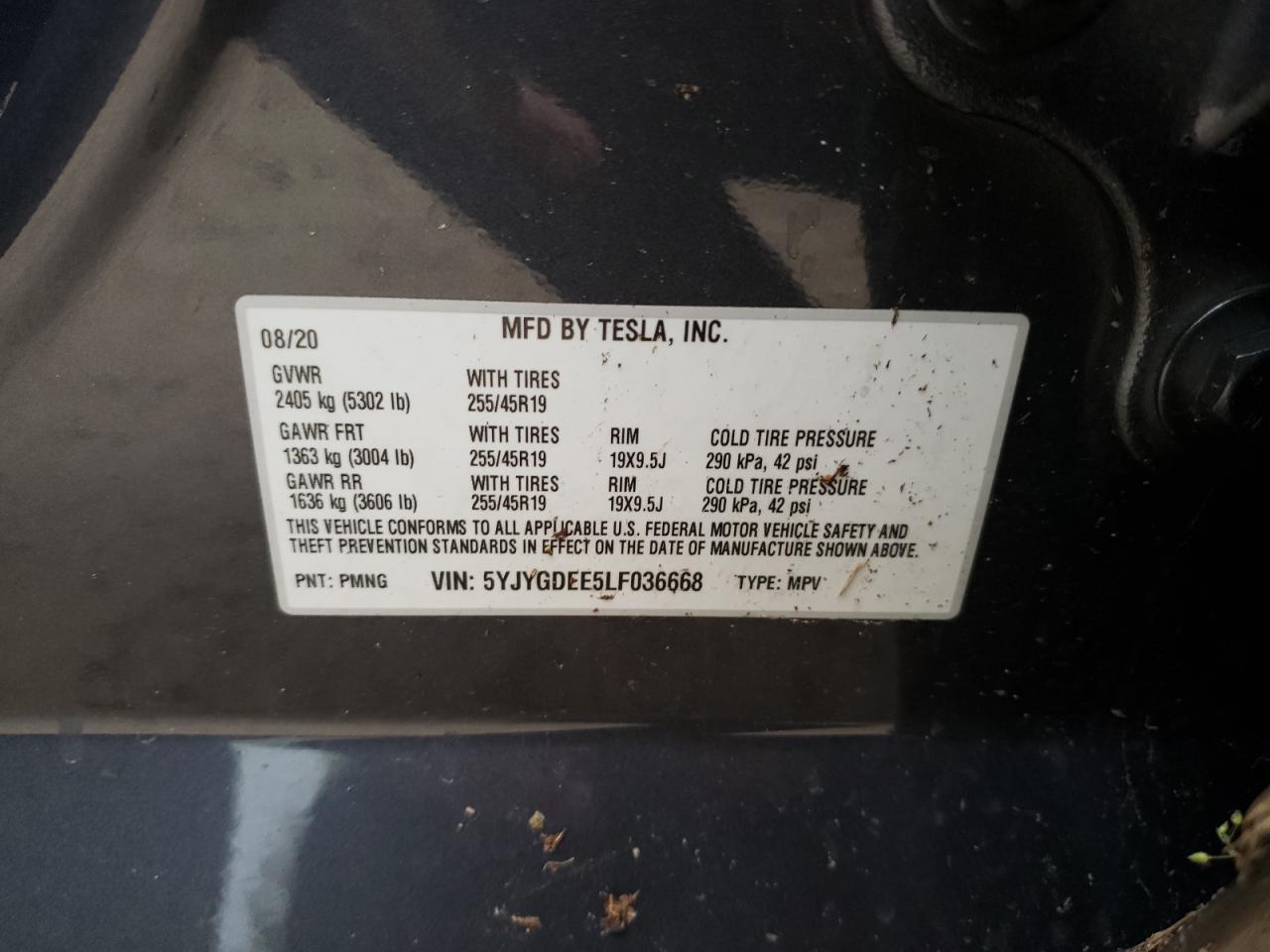 Photo 10 from auction – 2020 TESLA MODEL Y with VIN 5YJYGDEE5LF036668