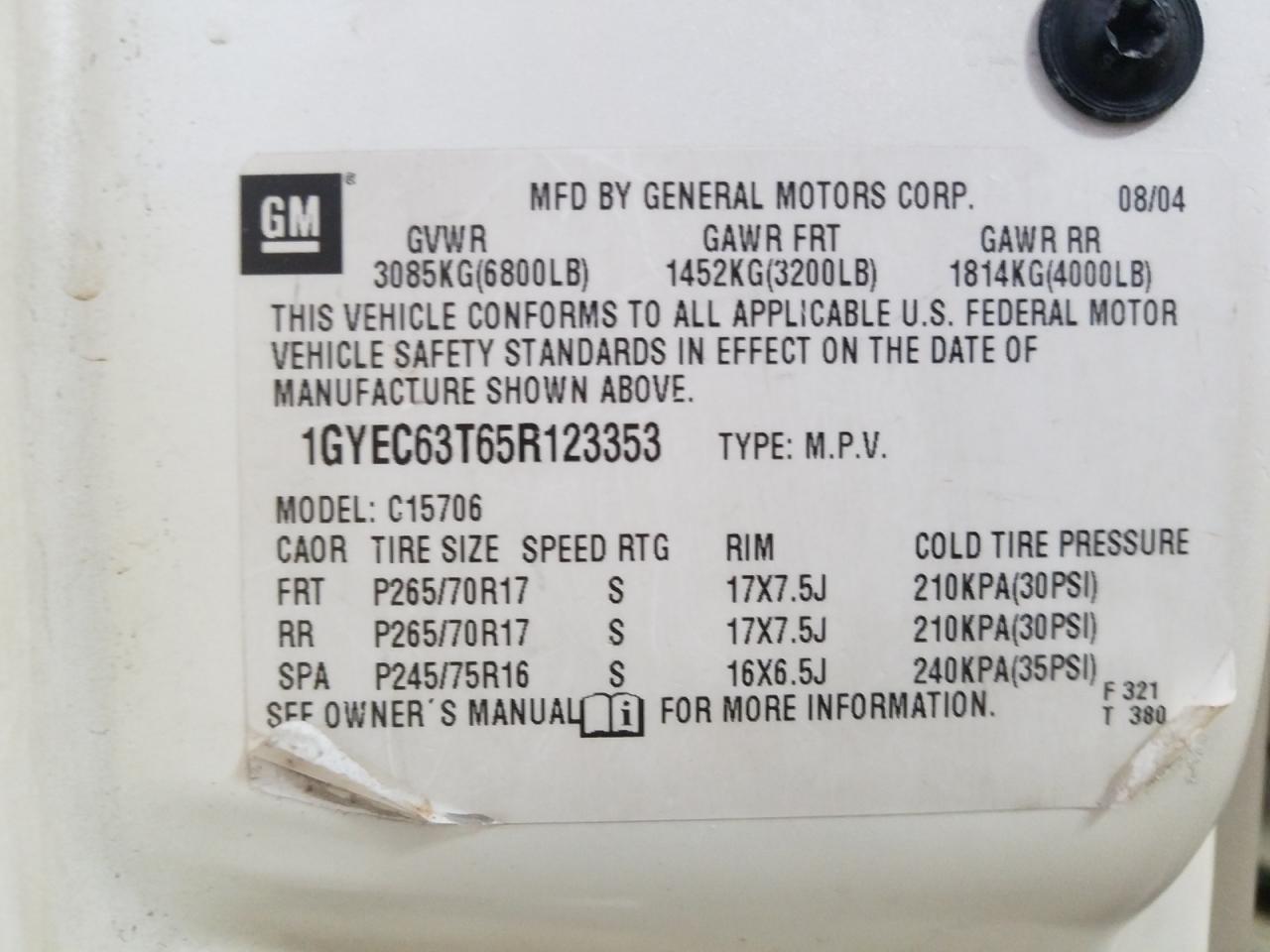 Photo 10 from auction – 2005 CADILLAC ESCALADE L with VIN 1GYEC63T65R123353